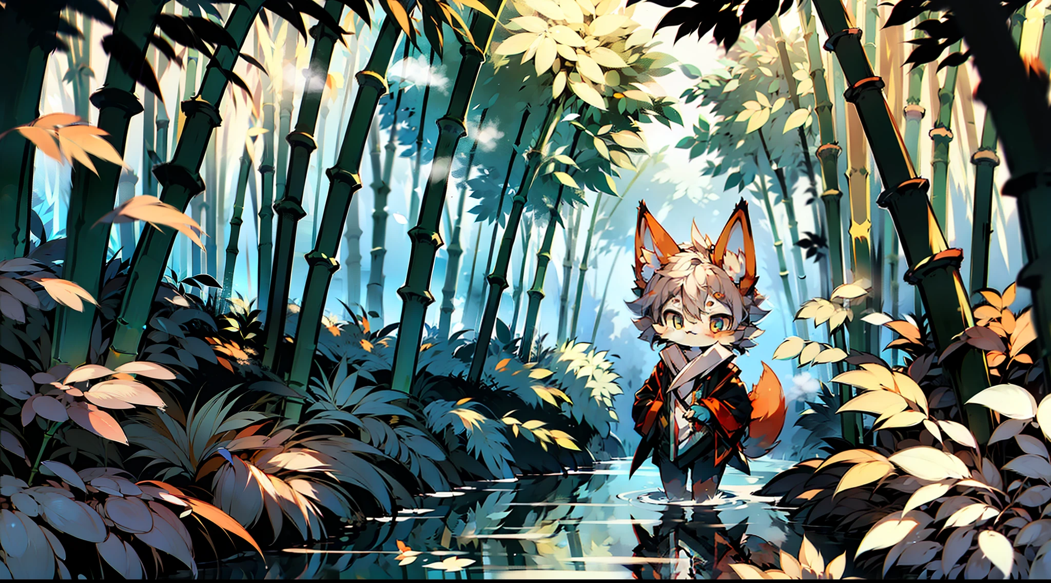 An orange and white fox, furry character, female, shy expression, cute, feminine, volumetric light, HD detail, bamboo forest, stream, mist rising, contour light, Tyndall effect