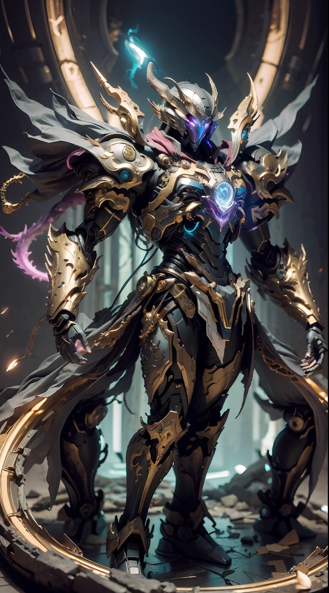 A Dragon Emperor in the Milky Way, Sun Surface on background, Golden Saint Seiya limb armor, (Cloak), (Dragon symbol: 1.5), (Gundam Exia: 1.5), (Mecha) (Mechanical) (Armor), (Open leg: 1.3), Perfect, (Wide Angle), (Black background: 1.6), Best Quality, Masterpiece, Super Resolution, (Reality: 1.4), Crazy Details, Unrealistic Engine Style, Boca Effect, David La Chapelle Style Shots, Bioluminescence palette: light blue, light gold, pale pink, bright white, wide angle, ultra-fine, cinematic still life, vibrant, Sakimichan style, perfect eyes, highest image quality 8K, inspired by Harry Winston, Canon EOS R 6 masterpiece "Chaos 50,--, under eye mole, ray tracing, surrealism, textured skin --s2