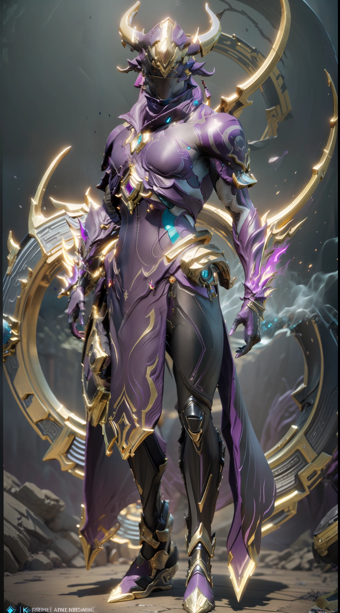 solo, super fine photo, full body picture Unreal Engine 5 8K UHD, male, magenta and blue violet color scheme armor, details, light purple tattoo details, faceless with one shiny orb, 4 horns, long arms, best quality, masterpiece, official art, unified 8k wallpaper, ultra detailed, sharp focus, dynamic pose, body parts, concept character design art