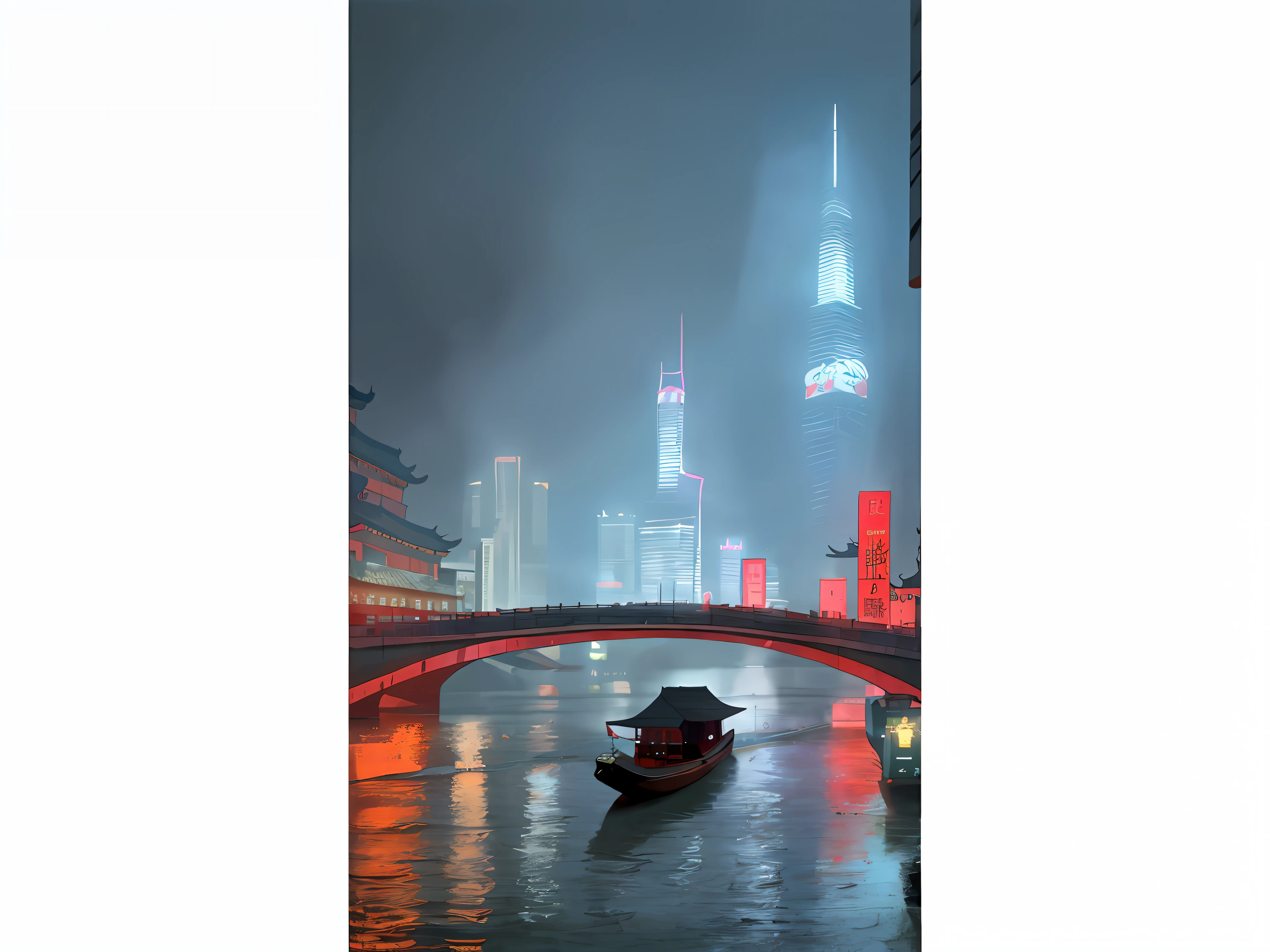 arafed boat on a river with a bridge and a city in the background, like a scene from blade runner, by John La Gatta, reminiscent of blade runner, city mist softlight, shanghai, misty mood, foggy lights, misty night, foggy ambience, by Li Tiefu, shanghai city, by Liang Kai, chinese new year in shanghai