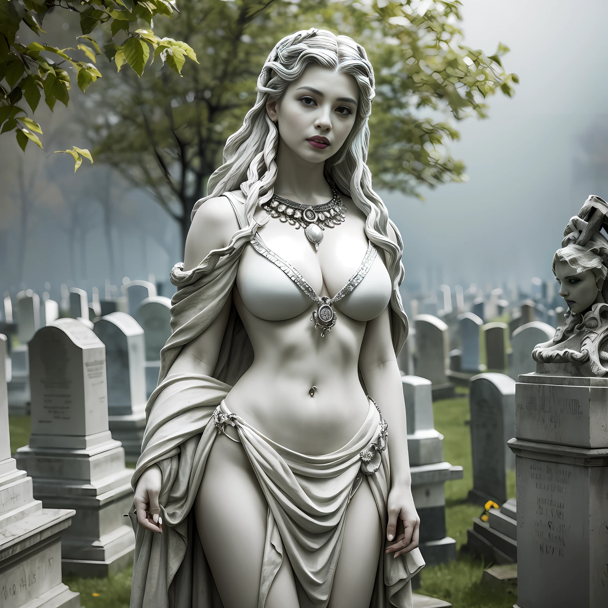 a marble statue of medusa adorned in decorative silver jewelry, her (fangs:1.2) are bared, standing in a misty (cemetery:1.2) surrounded by gravestones, snake tail, detailed eyes, masterpiece, best quality, intricate detail, absurdres, chromatic aberration, depth of field, professional photography, soft lighting, tone mapped, highly detailed, sharp focus, dramatic lighting, intricate details, cinematic, 8K, incredible shadows, realistic, (highly detailed background:1.0)