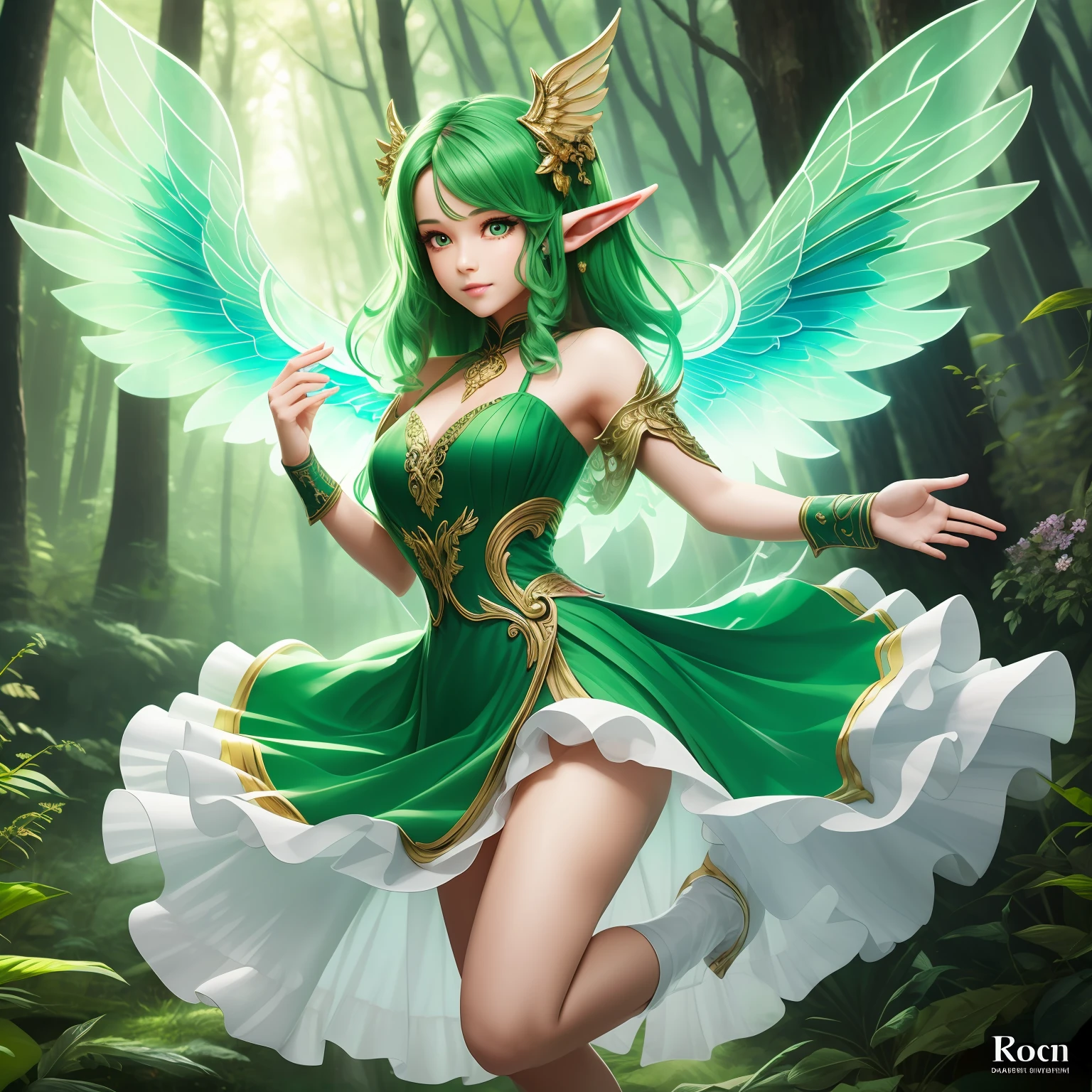 Full body portrait, Forest elf, (Best quality, 8K, Masterpiece: 1.3), green hair, petite body, (beautiful and detailed eyes), (super detail), (desktop wallpaper), (detailed face), ray glow, optical, panoramic illumination, atmospheric perspective, dawn, anti-aliasing: 5D, light painting, color, beautiful face, perfect body beauty: 1.4, clear facial features, huge wings, symmetrical transparent wings, stunning details, (dynamic pose), flying, open shoulder dress:1.5