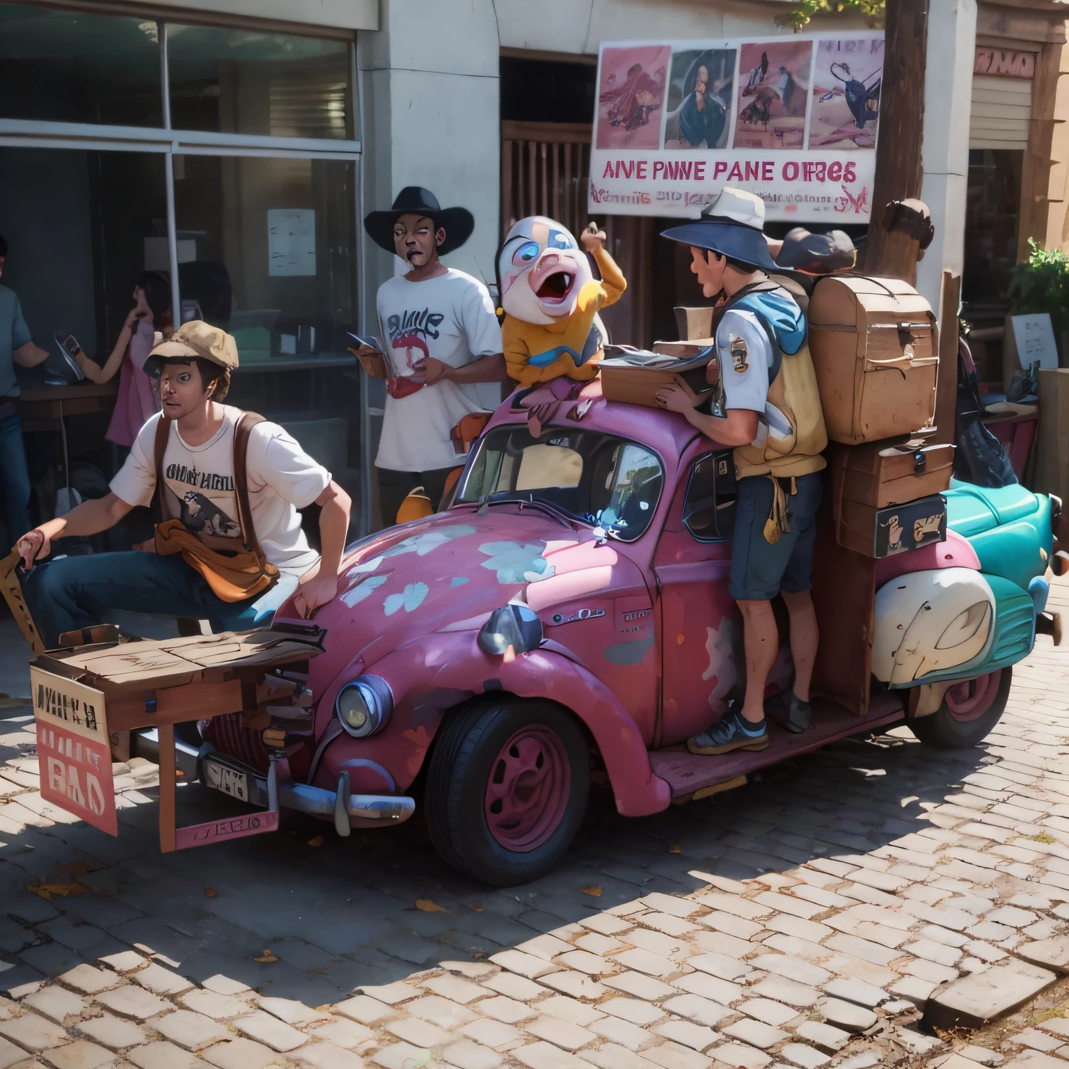 Several people are walking on the back of a pink beetle, live action movie scene, still from a live-action movie, #filme, Jake Parker, still from the movie, Pixar movie set, Moviestill, the movie, scene from a movie, movie scene, screenshot from a movie, filmstill movie, ! Movie scene