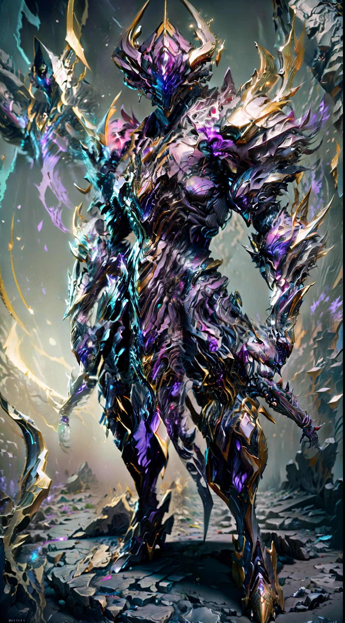 solo, super fine photo, full body picture Unreal Engine 5 8K UHD, male, magenta and blue violet color scheme armor, details, light purple tattoo details, faceless with one shiny orb, 4 horns, long arms, best quality, masterpiece, official art, unified 8k wallpaper, ultra detailed, sharp focus, dynamic pose, body parts, concept character design art