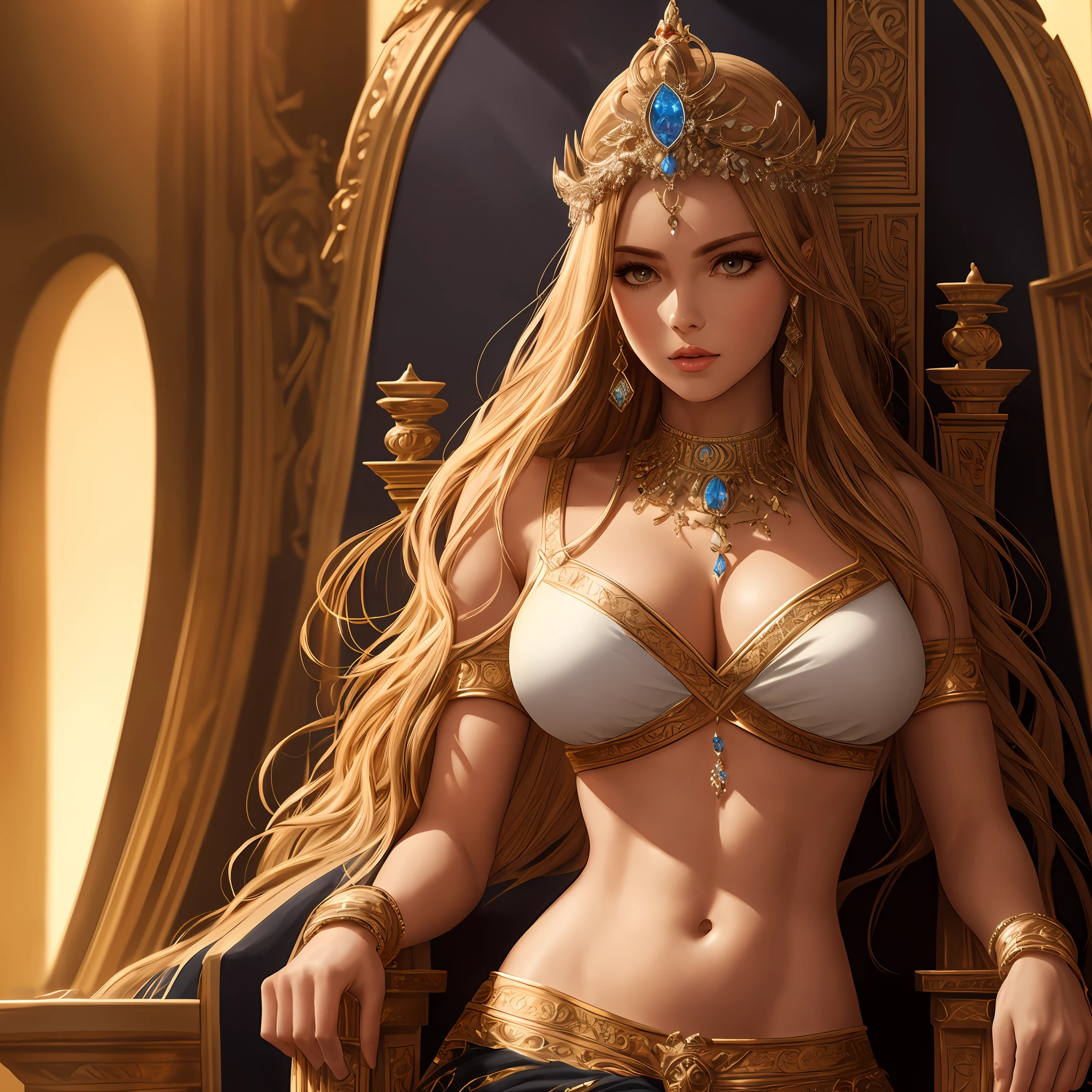 best quality, masterpiece, highres, photo realistic, ultra realistic, sun tyndall effect,photorealistic, dark studio, rim lighting, tone lighting,(high detailed skin:), 8k uhd, dslr, soft lighting, high quality, volumetric lighting, (((midriff exposed))), candid, photograph, high resolution, 4k, 8k, bokeh, ultra realistic 8k cg, (epic:, perfect artwork, masterpiece, ancient dynasty, medieval, fantasy), (((detailed background))), 20yo queen, abs, (A stunning God-like beauty), (striking facial features, detailed hair) dynamic angle, (((throne room))), amazing stunningly beautiful, sitting on throne, wavy shiny hair, golden wet skin shining, full body portrait, glamour, perfect soft curves, perfect body, perfect boobs, ultra realistic, detailed lips, glossy lips, shiny lips --auto
