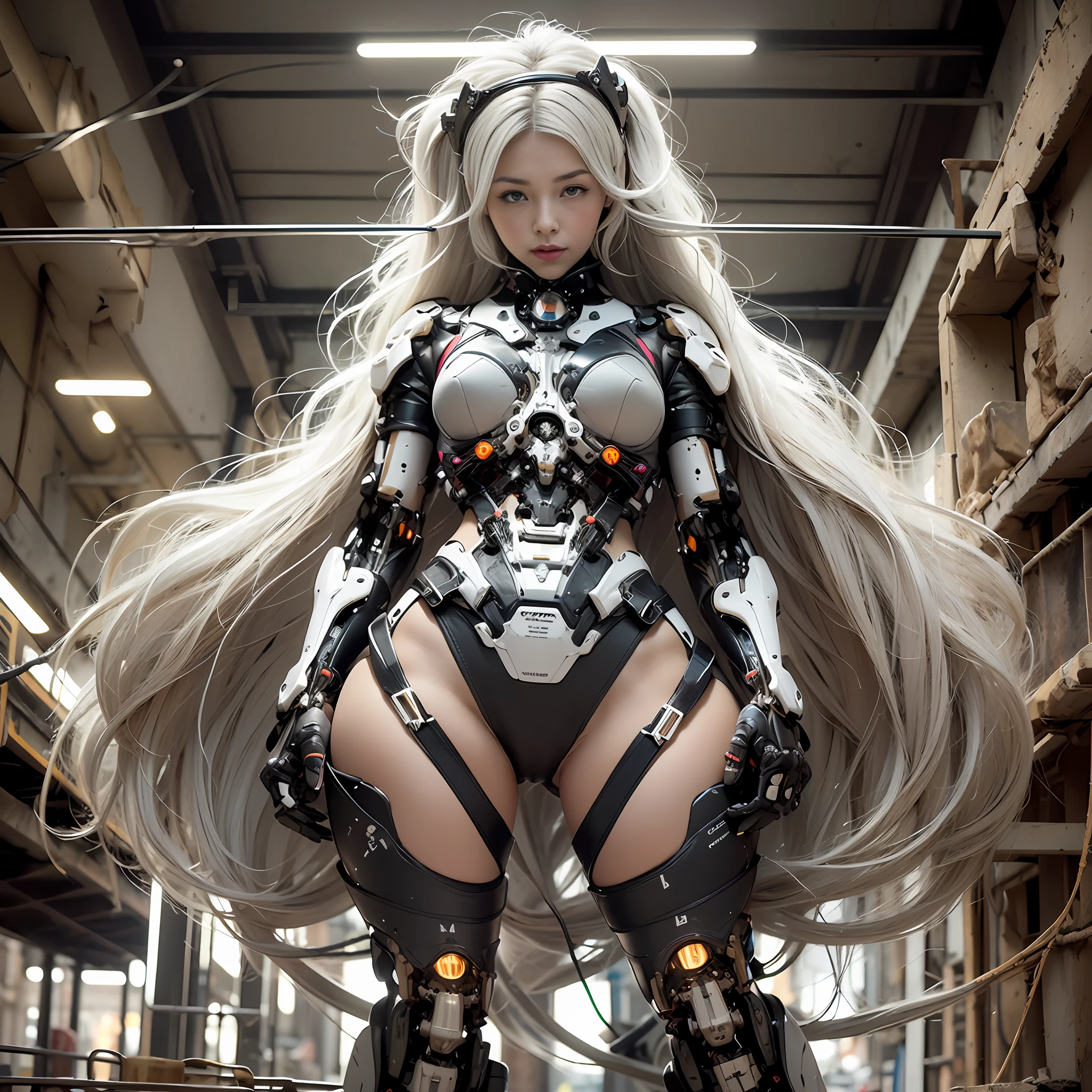 Beautiful Face,face is Japan, 1 Woman, Big, Curvaceous, (16k, RAW photo, top quality, masterpiece: 1.2), (HDR, Realistic, Photorealistic: 1.37) (tube attached to the body), (Bikini Cyborg robot parts)))), (light gray hair), Long hair, Wavy hair, Twin tails, Medium shot, ( Seductive smile)), (black eyes), double eyelids, princess cut, from below, (whole body),posing,,in the lab,( tube connected to blood vessel),((mechanical vertebrae attached to the back)),((mechanical neck attached to the neck)),(wire and cable attached to head and body),(character focus),science fiction,perfect female figure,perfect anatomy, hyperanatomy, full body shot, relationship between up to 4 fingers and 1 thumb, spherical joint,