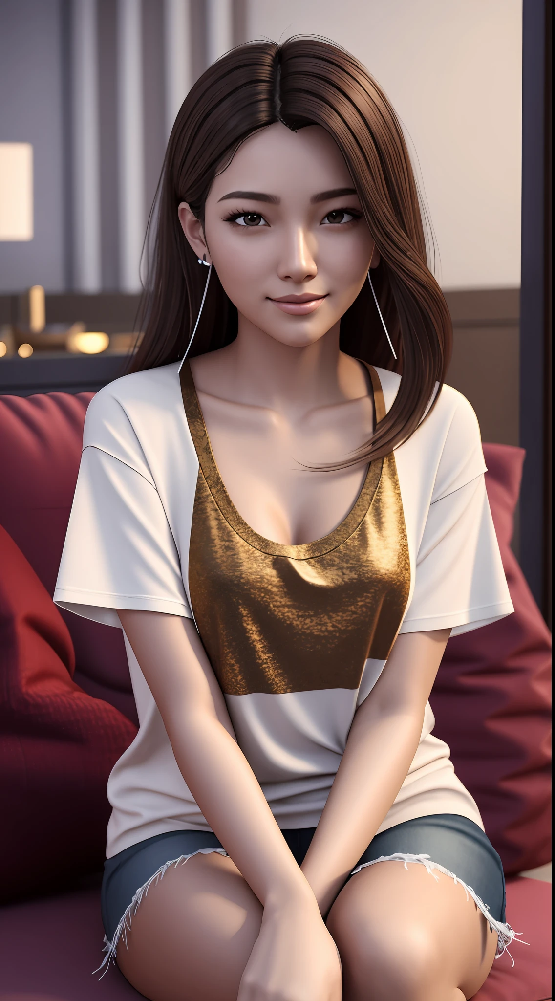 [25-year-old female],[face: round], [eyes: almond eye shape, brown color, thick and curved eyebrow shape], [Nose: Sticky shape, small hole], [Mouth: thick lip shape, Neat teeth], [Chin: Tyre chin shape, Sunken chin], [Hair: Long hairstyle, black color,], [Ears: Small ear shape], [skin: white skin color, Smooth skin texture], [Facial expression: smile], [Activity: Sitting on the sofa in the living room], [Top clothes: T-shirt, all red color, plaid pattern, delicate texture, casual wear style, folded clothing design, well-maintained clothing condition] Professional photograph of a stunning woman detailed, cinematic lightning, octane render, unreal engine, volumetrics dtx
