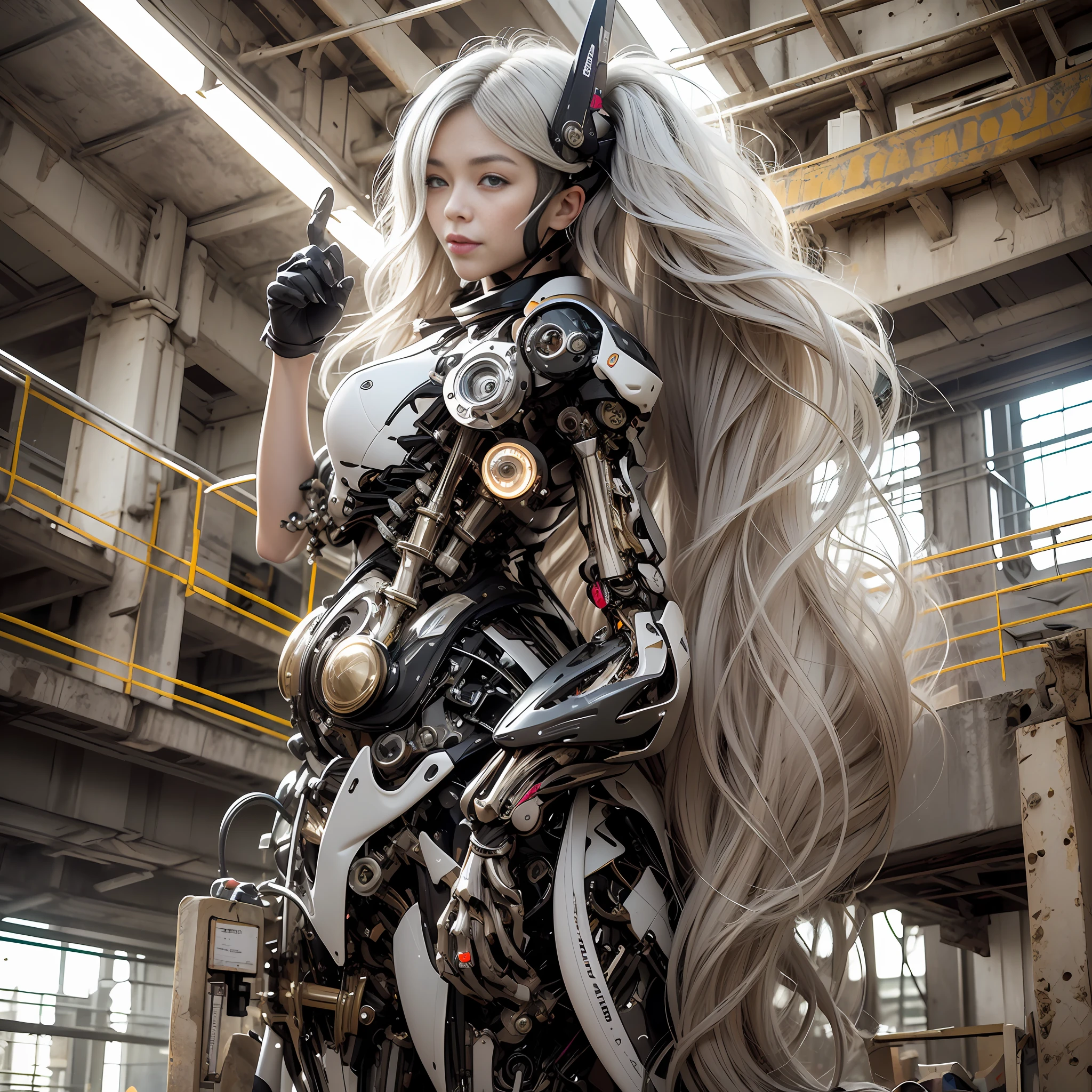 Beautiful Face,face is Japan, 1 Woman, Big, Curvaceous, (16k, RAW photo, top quality, masterpiece: 1.2), (HDR, Realistic, Photorealistic: 1.37) (tube attached to the body), (Bikini Cyborg robot parts)))), (light gray hair), Long hair, Wavy hair, Twin tails, Medium shot, ( Seductive smile)), (black eyes), double eyelids, princess cut, from below, (whole body),posing,,in the lab,( tube connected to blood vessel),((mechanical vertebrae attached to the back)),((mechanical neck attached to the neck)),(wire and cable attached to head and body),(character focus),science fiction,perfect female figure,perfect anatomy, hyperanatomy, full body shot, relationship between up to 4 fingers and 1 thumb, spherical joint,