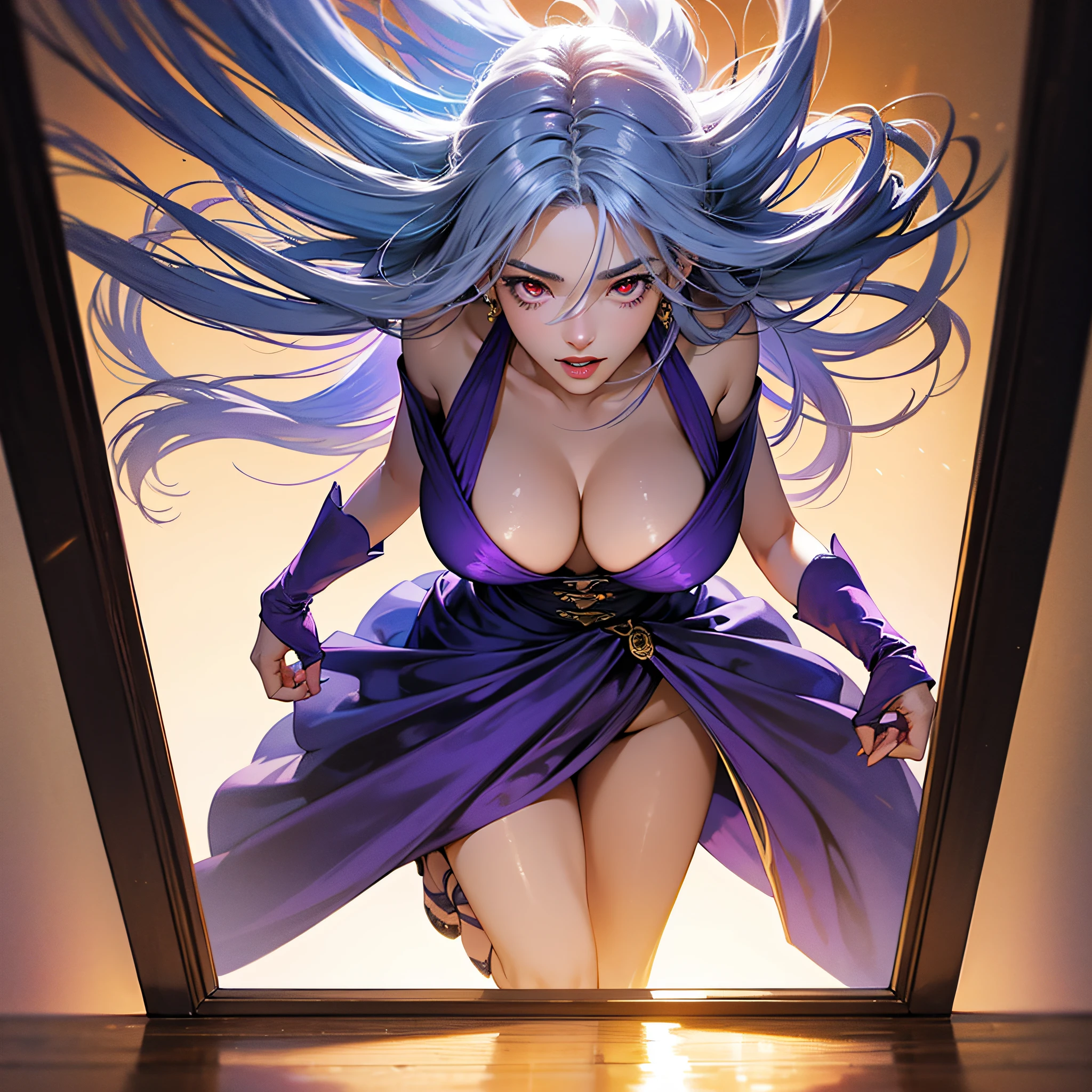 (Trend artstation, pixiv, anime style), an adult woman (42 years old), long hair with bangs, white hair with purple details (hair color: white with purple details) detailed body ((huge breasts, giant breasts, (large thighs, wide hips, thin waist)), wearing bands all over the body (color of the bands: white with red details) glued to the body, red eyes (red eyes, red iris), excited, crazy, sensual, sexy, sensual pose, concept art, anime style, reflection light, backlighting, cinematic lighting, high detail, surrealism, realism, hyperrealism, masterpiece, anatomically correct, super detail, high detail, high quality, award-winning, best quality, anime, ray tracing, pov, UHD, 8k --auto