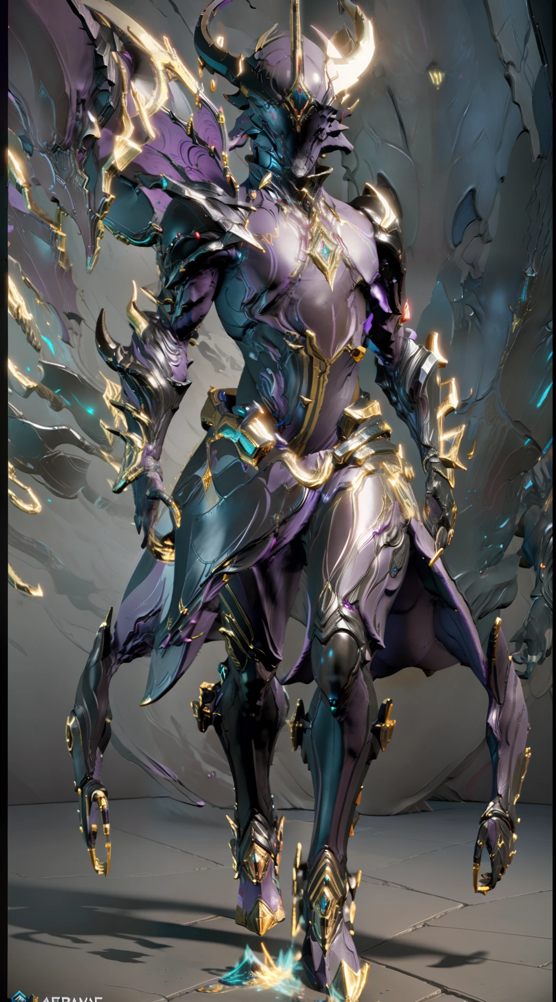 solo, super fine photo, full body picture Unreal Engine 5 8K UHD, male, magenta and blue violet color scheme armor, details, light purple tattoo details, faceless with one shiny orb, 4 horns, long arms, best quality, masterpiece, official art, unified 8k wallpaper, ultra detailed, sharp focus, dynamic pose, body parts, concept character design art