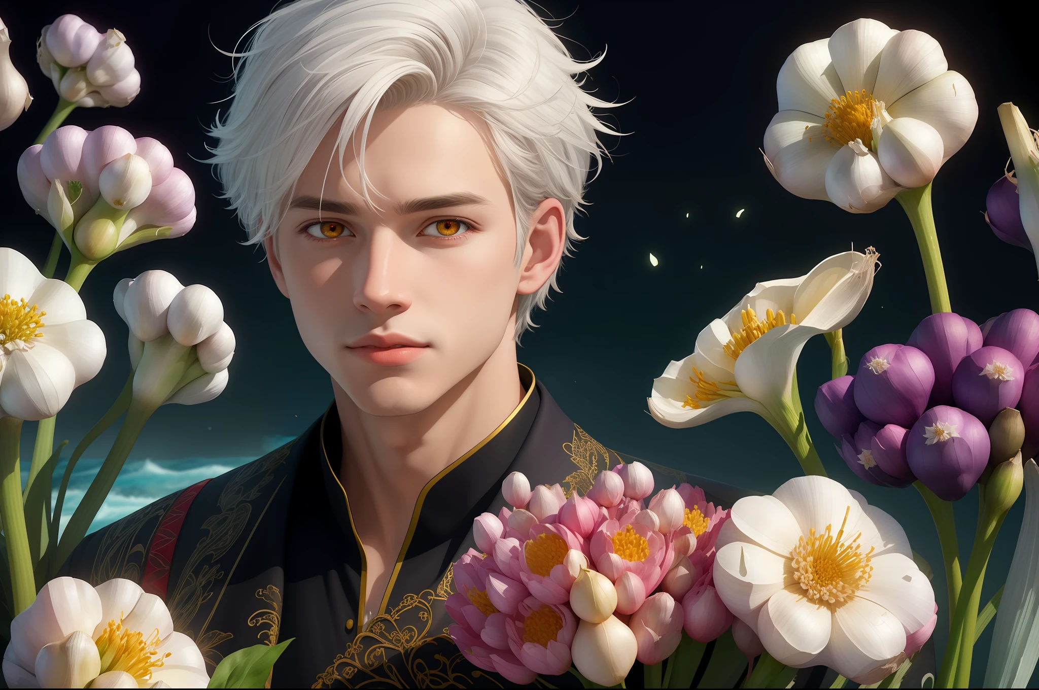 Realistic, (Masterpiece, Top Quality, Best Quality, Official Art, Beauty and Aesthetics: 1.2), Very Detailed, Fractal Art, Colorful, Most Detailed, Zentangle, (Abstract Background: 1.5) (1boy: 1.3), God, White Hair, Short Hair, (Glowing Red Eyes), Mysterious, (Magic), Ice, Handsome Man, ((Other Shore Flower, Garlic)), Yellow Spring, Hell