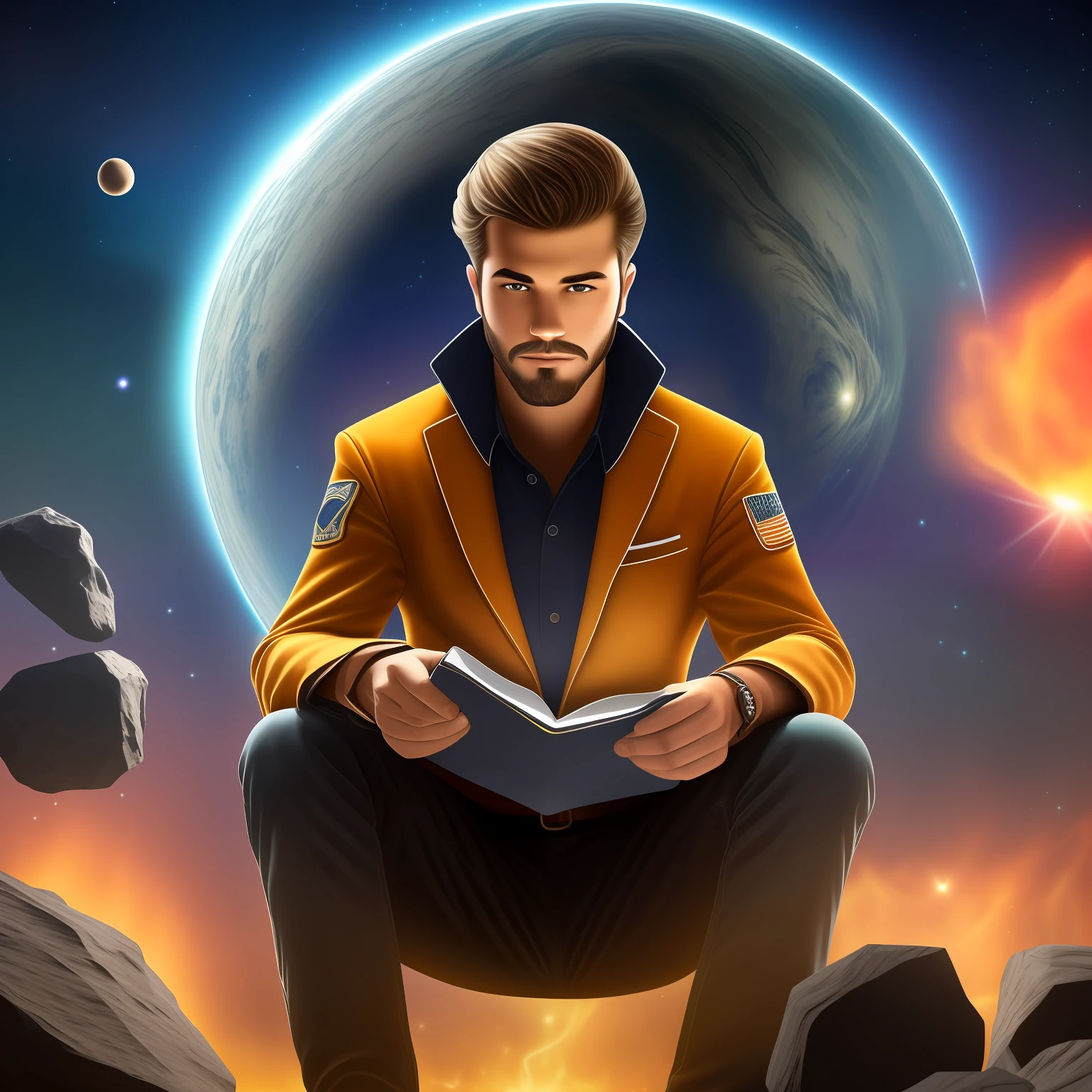Draw a young programmer, sitting on a research platform floating in the middle of an asteroid belt. He is studying with a notebook, surrounded by several asteroids glowing with fiery auras. Dramatic lighting from distant stars and planets illuminates the scene, casting deep shadows on the suit. The young man looks confident and determined, looking at the vast and mysterious universe with wonder and respect,facial hair, cowboy shot,