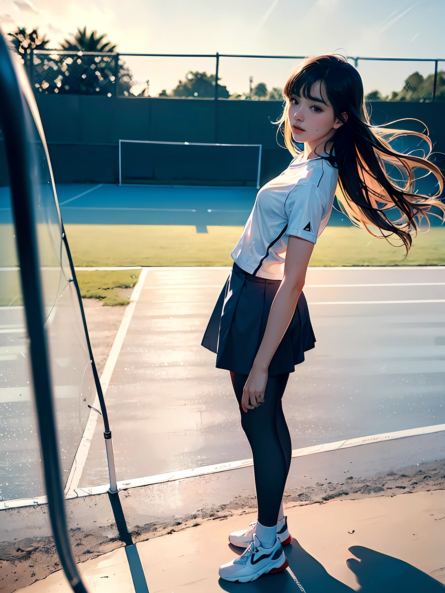(8k, Best Quality, Masterpiece: 1.2), (Realistic, Realistic: 1.37), Ultra Detailed, Best Quality, Ultra High Resolution, Professional Lighting, Photon Mapping, Radiosity, Physically Based Rendering, Cinematic Lighting, Clear sky, basketball court, depth of field, clear focus, sunlight, good composition, (Bokeh: 1.2) 1girl, single person, (full body), (closed mouth), beautiful detailed eyes, pose, narrow waist, tennis skirt, tennis skirt, tennis clothes, black hair, messy hair, long hair blowing in the wind, (ulzzang-6500:1.2), pantyhose, (rain, perspective, wet shirt, wet hair, wet clothes: 1.2 ),