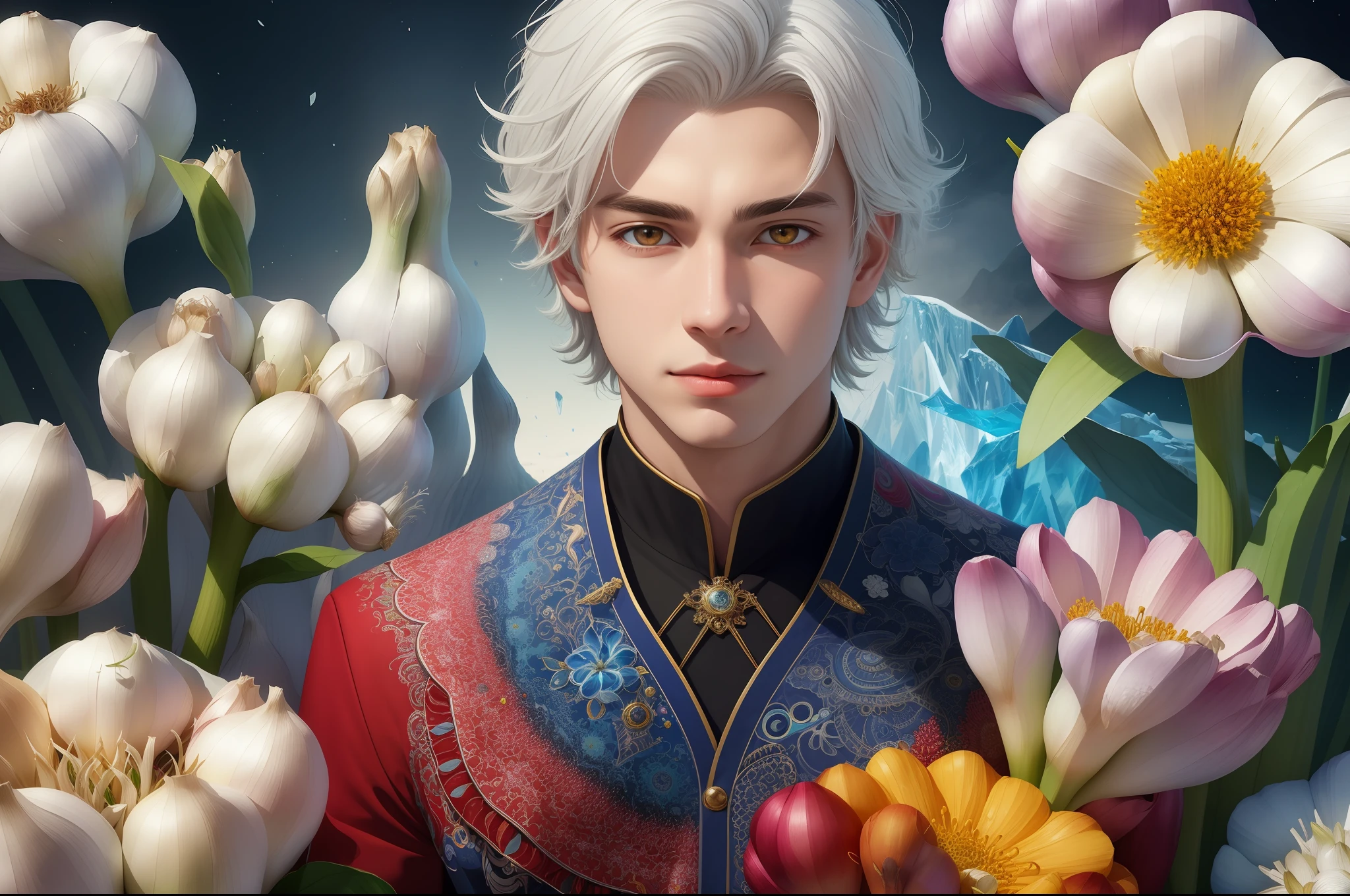 Realistic, (Masterpiece, Top Quality, Best Quality, Official Art, Beauty and Aesthetics: 1.2), Very Detailed, Fractal Art, Colorful, Most Detailed, Zentangle, (Abstract Background: 1.5) (1boy: 1.3), God, White Hair, Short Hair, (Glowing Red Eyes), Mysterious, (Magic), Ice, Handsome Man, ((Other Shore Flower, Garlic)), Yellow Spring, Hell