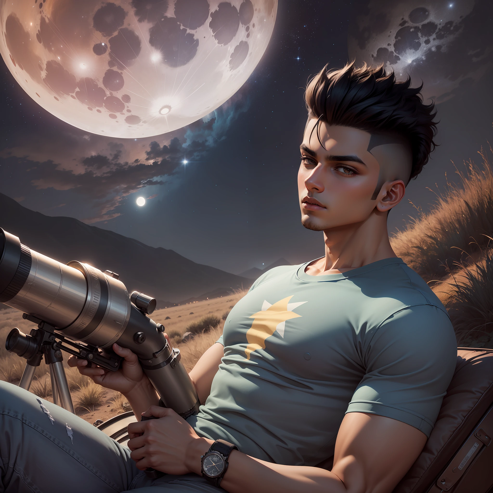 (dramatic illumination, dynamic angle, intense color contrast), (thin young indian man with short straight black mohawk, dimples, brown skin and brown eyes: 1.2), (night, outdoors in a field, with a telescope: 1.2), (wearing blue T-shirt with atomic graphic, jeans: 1.1) (large moon and stars and milky way in background: 1.2)]