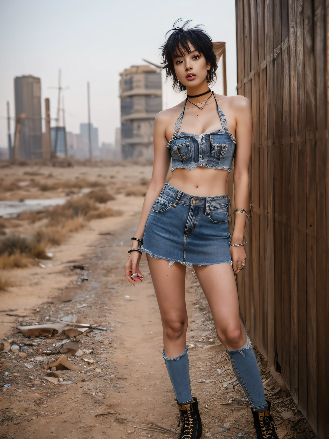 Masterpiece, superlative, realistic, wearing washed old denim irregular bandeau, irregular deconstructed denim washed skirt, open waist, bare shoulders, cleavage, layered, long legs, wasteland punk style, background is wasteland, desert, wind and dust details complex, HD, photography lighting, 16k
