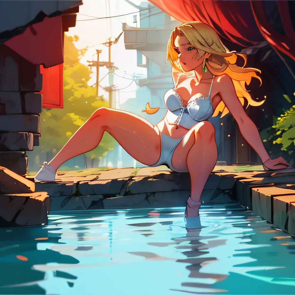 A blonde woman on all fours looking at the viewer, and a woods, wet skin, wearing a white lingerie, beautiful ass, big ass, (extremely detailed face), from behind, 8K resolution, super detailed, high quality