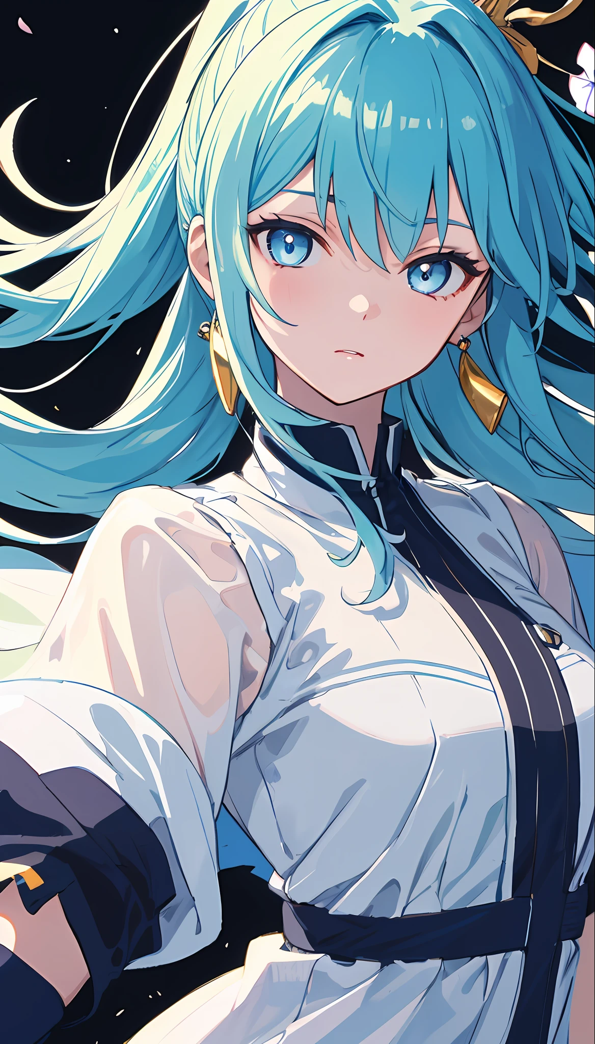 (masterpiece), (best quality), (ultra detailed),(disheveled hair),(illustration), (1girl), (Fashionable clothing), standing, Fashion model, looking at viewer, (interview), (simple background),beautiful detailed eyes, delicate beautiful face, Floating,(high saturation),(colorful splashes),colorful bubble,(shining), focus on face,  ponytail, kamisato ayaka, light blue hair, bangs, hair ring, floating flowers, floating hairs, (shining), best lighting, best shadow,