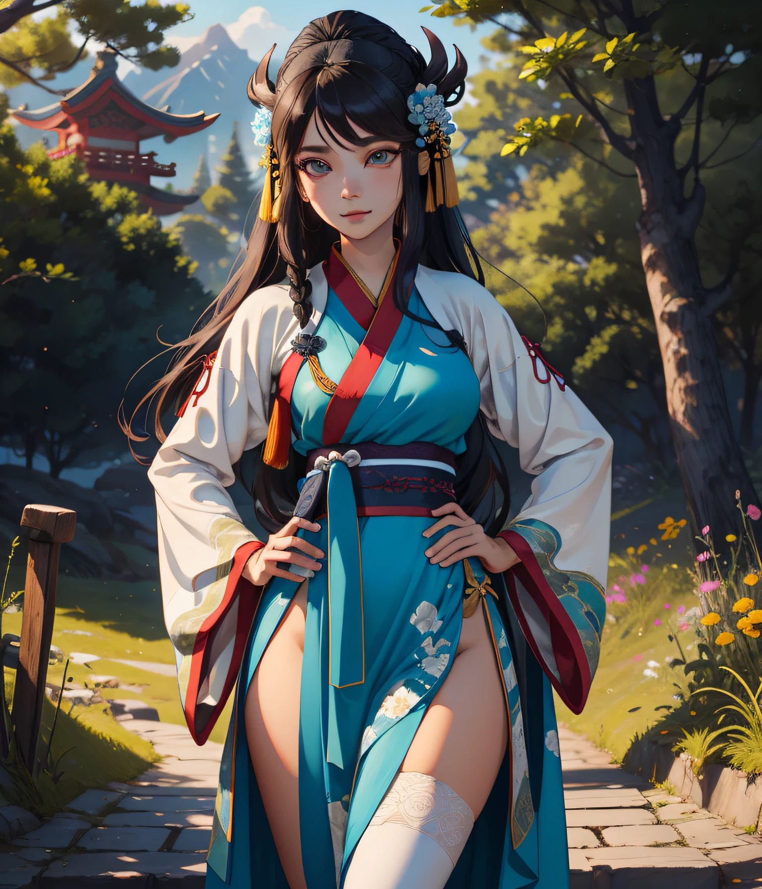 (masterpiece:1.5),(best quality:1.5),(ultra-detailed:1.5),illustration,cowboy shot,1girl,solo,(buildings),perfect face,lustrous skin,long hair,beautiful detailed eyes,beautiful flowing hair,(ru_qun:1.5),(hanfu:1.5),chinese clothes, white dress,white thighhighs, (bloom),lighting, ray tracing,outdoors,  mountains, nature,hair ornament, hair ribbon,hand on hip,looking at viewer,ahoge,large breasts, (deep depth of field:1.5),hair ornament, forest,barefoot sandals