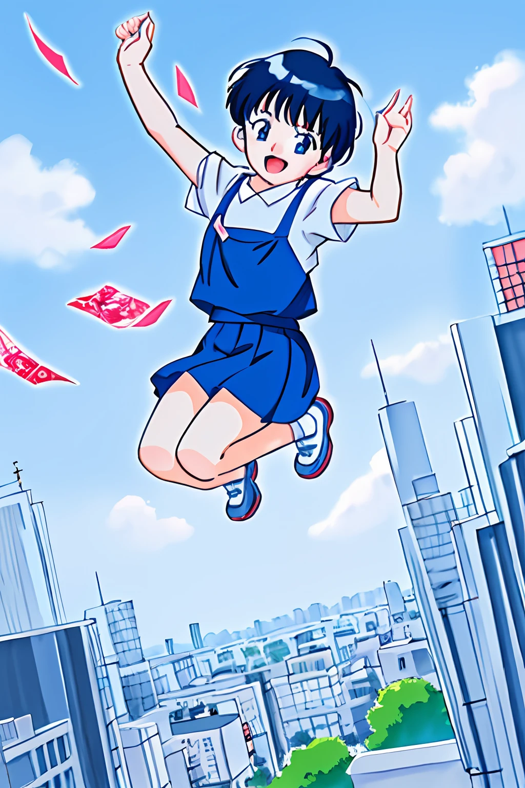 anime girl jumping in the air in a city street, the anime girl is running, anime style 4 k, in style of atey ghailan, lofi girl, inspired by Atey Ghailan, anime style. 8k, atey ghailan 8 k, anime style illustration, anime art wallpaper 8 k, 4 k manga wallpaper