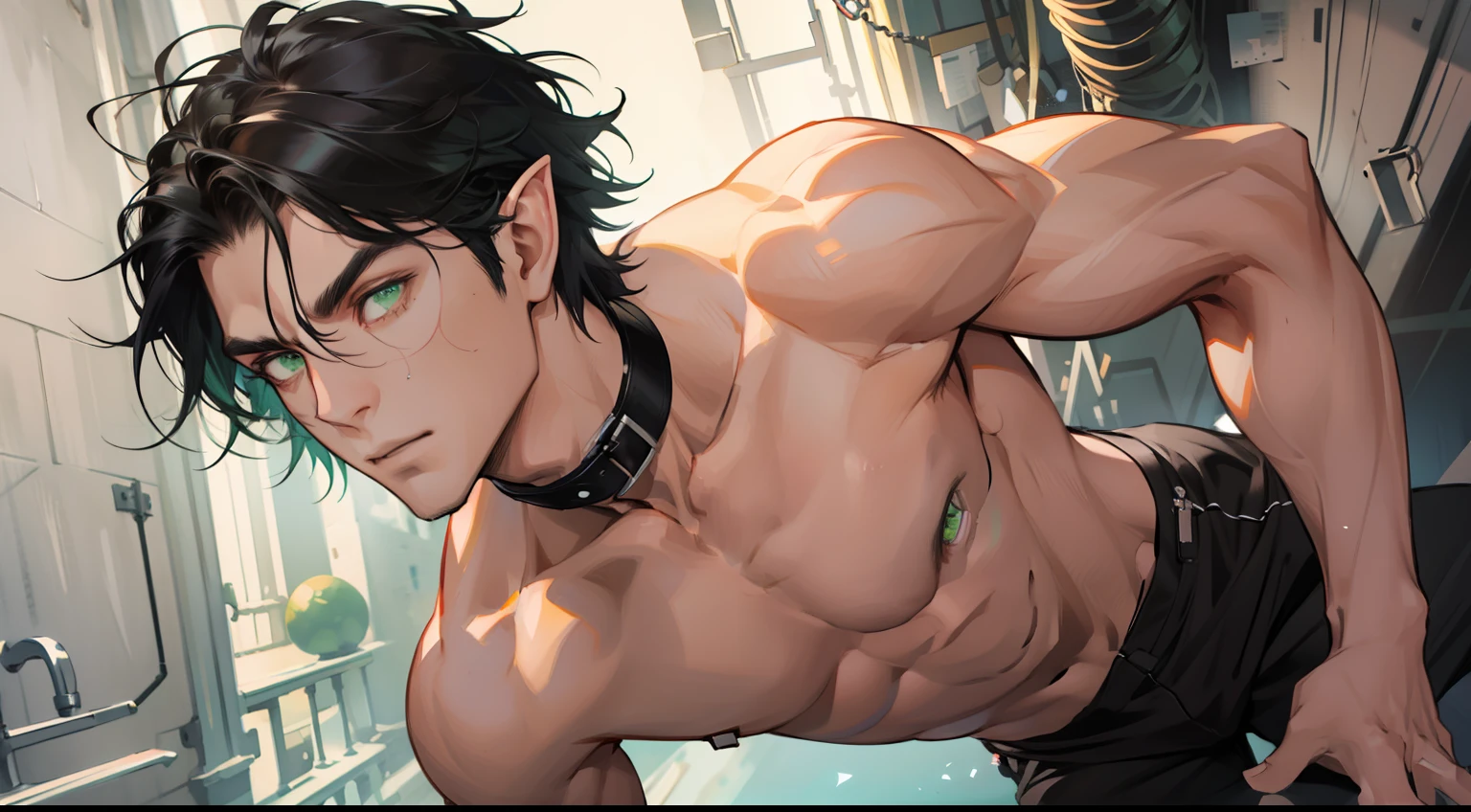 (absurdres, highres, ultra detailed), 1 male, (28 years old male) elf adult, handsome, tall slender guy, narrow eyes, narrow shoulders, finely detailed eyes and detailed face, messy shaggy black hair, side bangs, bangs, green eyes, sexy twink, shirtless, final fantasy 14, slave collar, full body shot, submissive pose expression, defiant pose expression