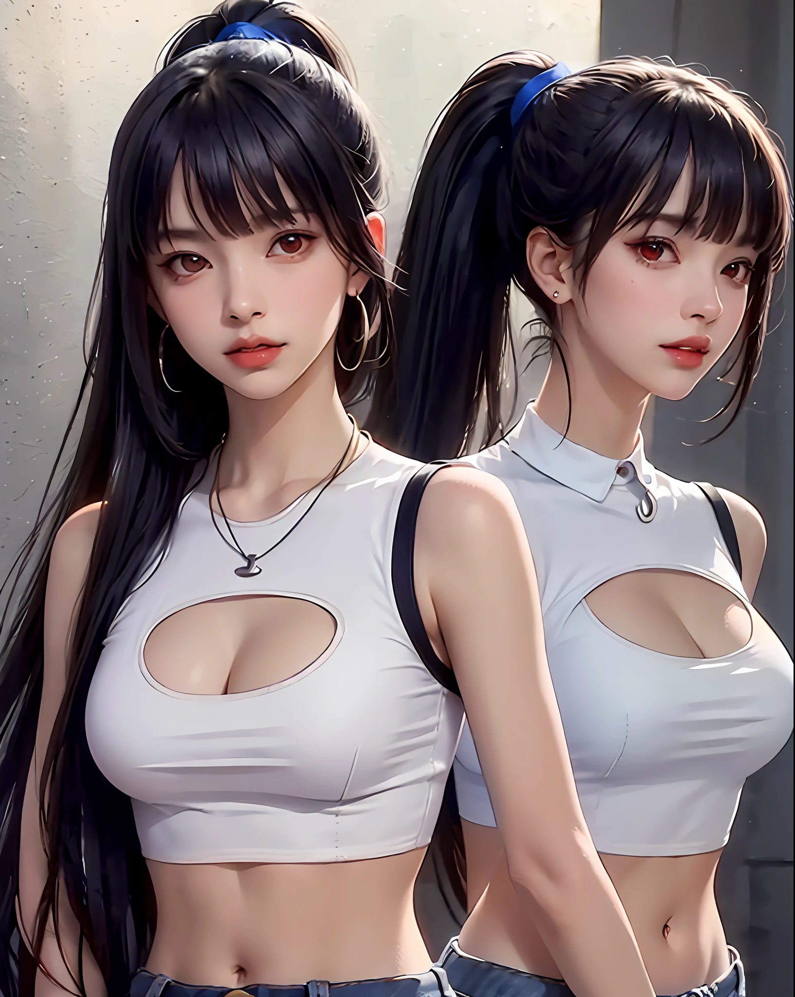 (Masterpiece, Best Quality, 1 Girl, Solo, Intricate Details, Chromatic Aberration), (Reality), (Skin), 1 Girl Shizuku High Ponytail, ((Middle Breath)), (Brunet, Blunt Bangs), Detailed Hair, Red Headjewelry, Blue Highlight, Hair More Than One Eye, Red Eye, Small Earrings, Sharp Eyes, Necklace, ((Black Crop Top Cutout)), Jeans, (Symmetrical Eyes), (Perfectly Symmetrical Body), Night, ((Natural Light))), Backlight, against gray walls, dim light, standing, (Looking at the viewer), ((Center shot, from the front, (face and waist) pronounced chest line Deep V sexy