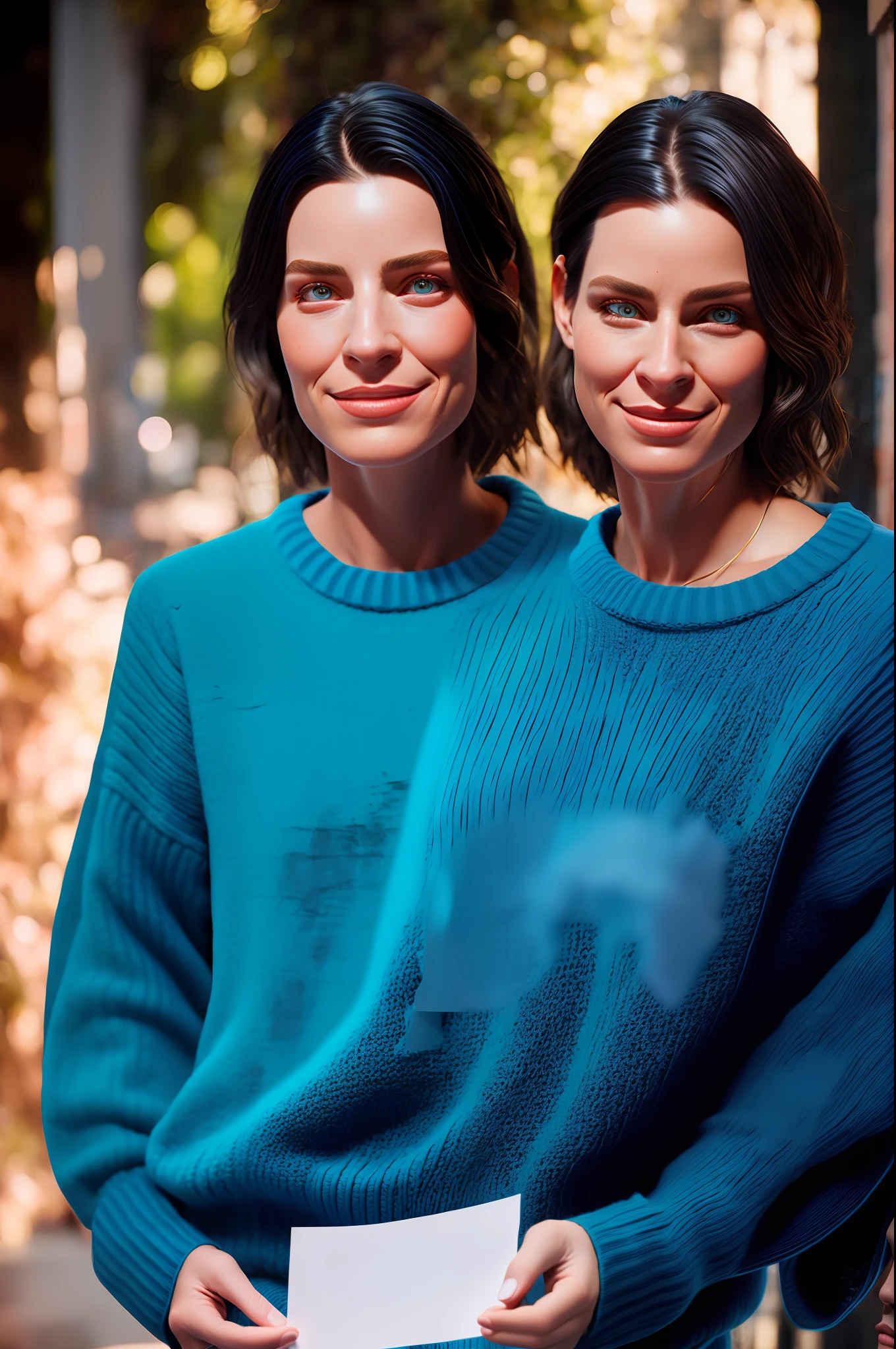 2heads,wearing (sweater), portrait, beautiful face, holding up a small blank piece of paper, pretty eyes, eyes open, hyper realistic, lifelike texture, natural lighting, unreal engine, trending on artstation, cinestill 800,