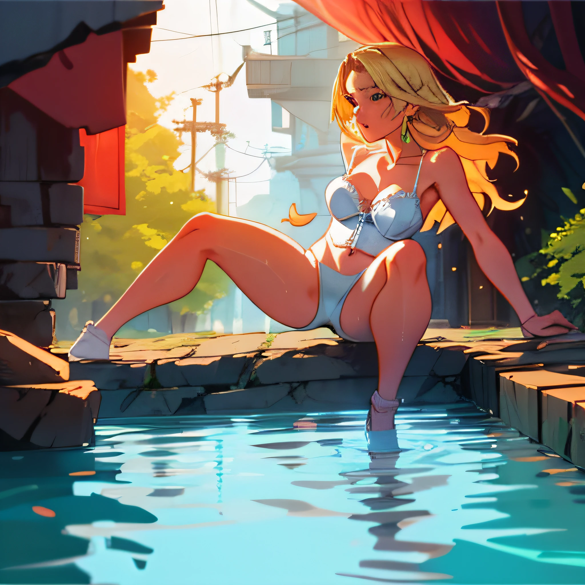 A blonde woman on all fours looking at the viewer, and a woods, wet skin, wearing a white lingerie, beautiful ass, big ass, (extremely detailed face), from behind, 8K resolution, super detailed, high quality
