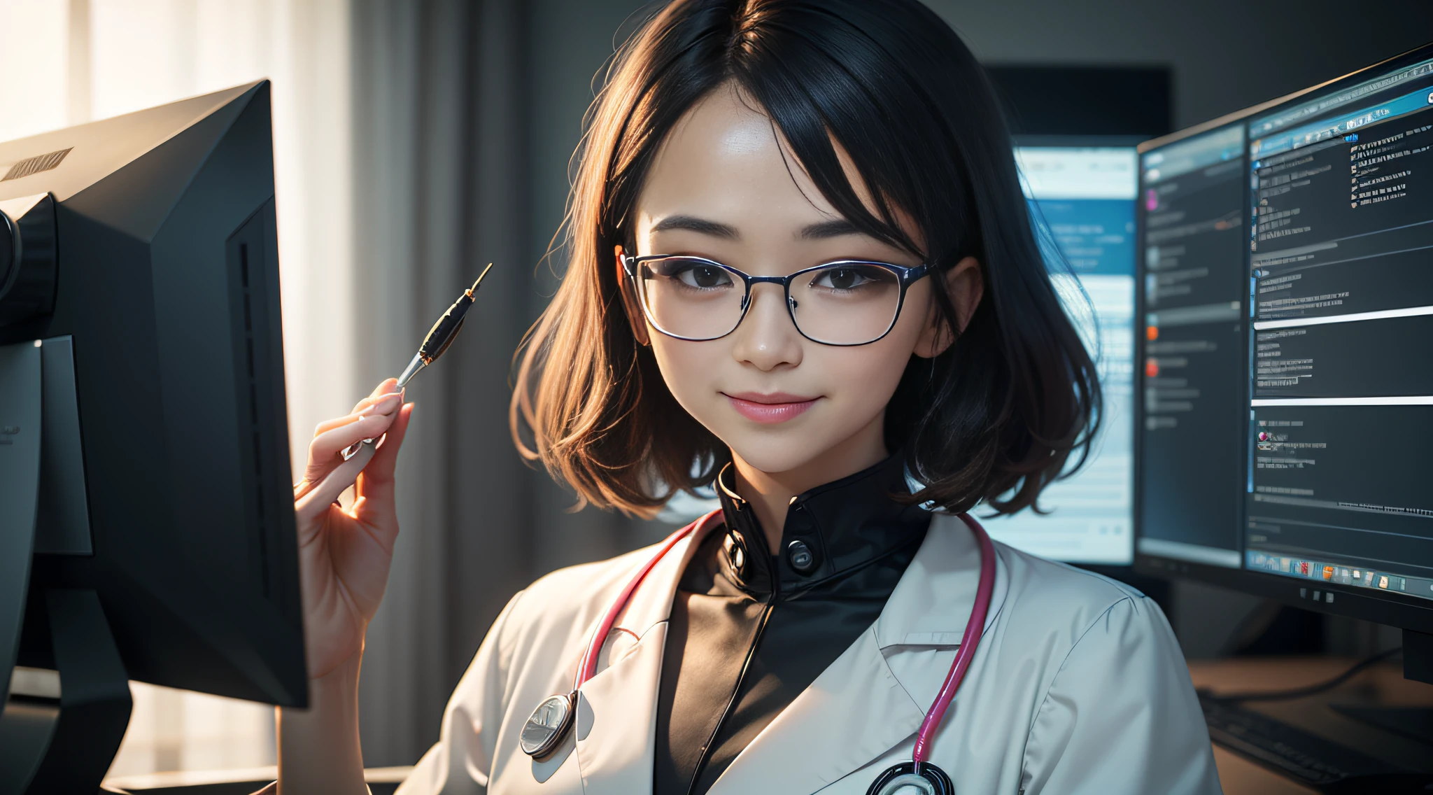 输出
Medicine Scientific Research Data Visualization Intelligent System Bright Transparent Strong Light Glare White Background Blurred Edge Soft Electronic Devices Research Discussion A Doctor with Glasses Thinks Computer Screen Data Point Diffusion Dynamic Spacious Harmonious Atmosphere Smile Facial Details White Theme Style White Soft Light on the Edge of the Image Electronic Transparent Form Technological Style, UHD, retina, super detail, high details, textured skin