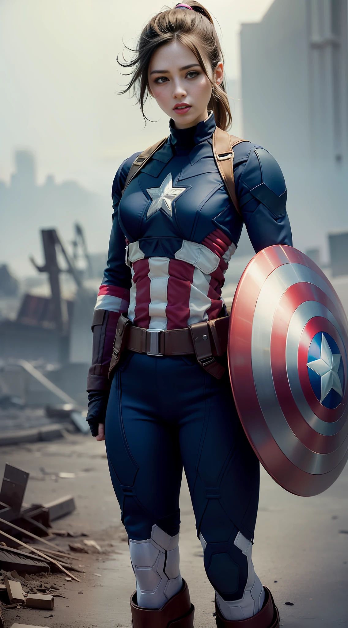 1girl, (((solo))), a young Asian girl wearing the uniform of Marvel's Captain America (((adapt to female body, glued fit, complex details, absurd))). Her face is beautiful and delicate, flushed cheeks, (((purple mascara)))), (((purple lipstick on lips))). Detail your green eyes. Their hair is purple straight and long ((((ponytail))). Depict full body, defense posture strutting shield (((Captain America style))). She is on the top of a hill and in the background there is a destroyed city in flames (((insane details, hyperrealistic))). Hyperrealistic, high quality, (((masterpiece)))), ultra HD, 8K.