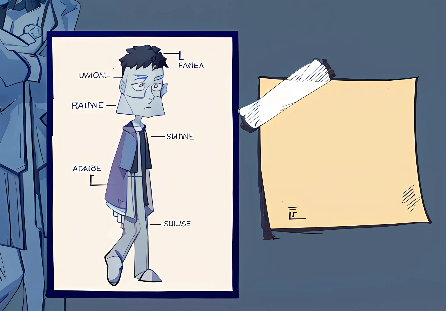 Cartoon with a man with gray black hair, 3d illustration, 3d illustration, animated character design, character design humanoid, detailed 2d illustration, [forgetfulness], unrealistic character concept, merge characters, 2D cartoon, 2D cartoon, animated character, skin concept, detailed character, tips: fragile character sullen , blue shirt, octopus image, three views ,