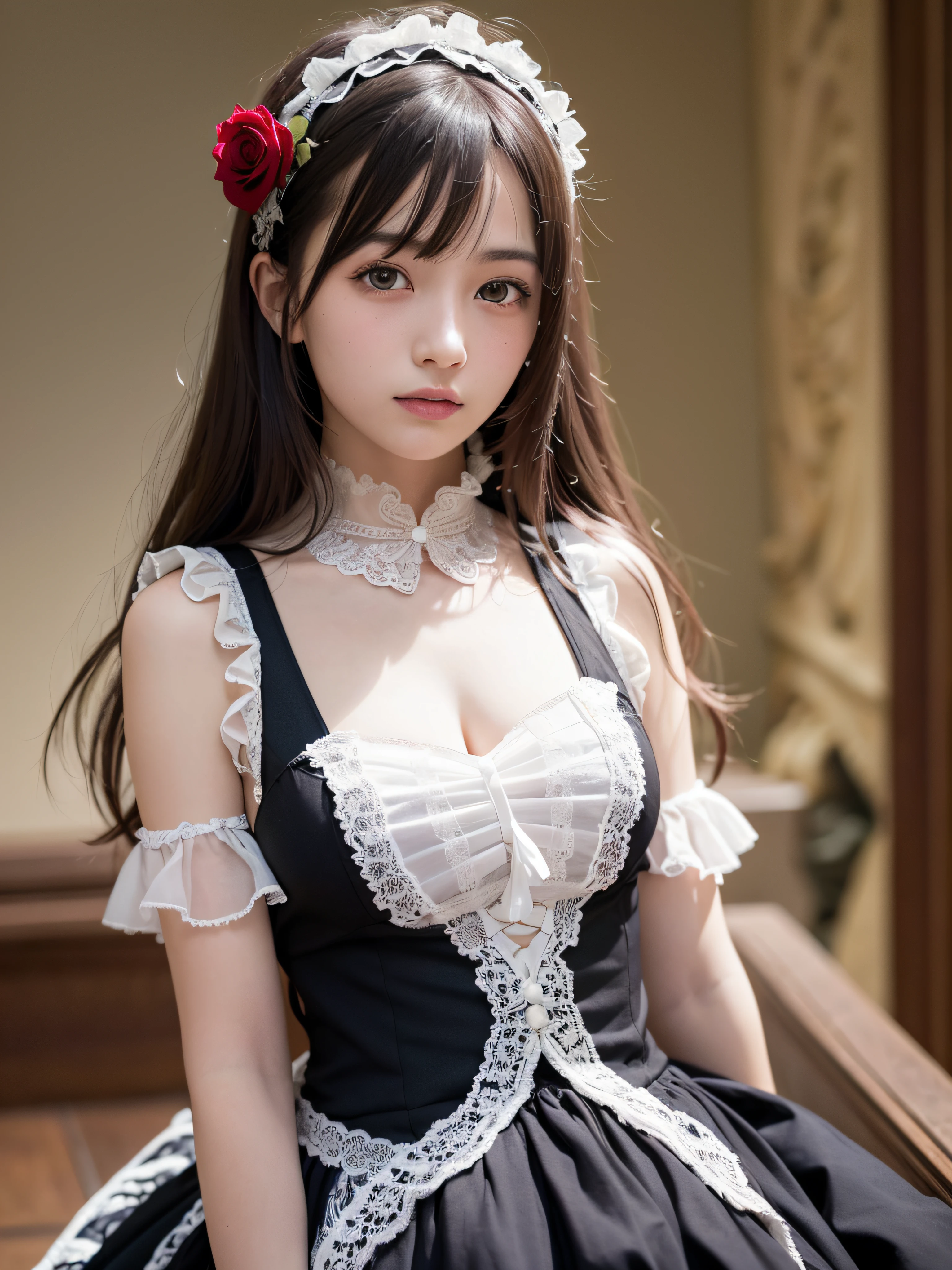 (realistic, photo-realistic:1.37), incredibly absurdres, (insanely detailed:1.3), 8k, (masterpiece), (best quality:1.4), (ultra high res:1.2), (RAW photo:1.2), ultra detailed background, (unity 8k wallpaper), 1 nogizaka girl, utterly cute, bishojo, yo, (gothic lolita fashion), an exquisitely detailed and beautiful face and eyes and skin, detailed black shine hair, elegant frills, frilled tie, ribbon tie, rose hair accessory, a dress with delicate lace, soft fabric, and a beautiful rose pattern, smile at the camera, full body, castles scenery in europe, professional lighting