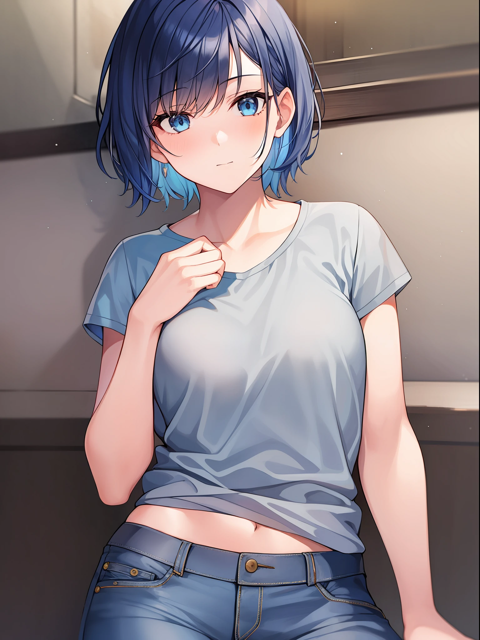 1girl, short hair, blue hair, gray shirt, gray pants, {{small breasts}}, mature woman,