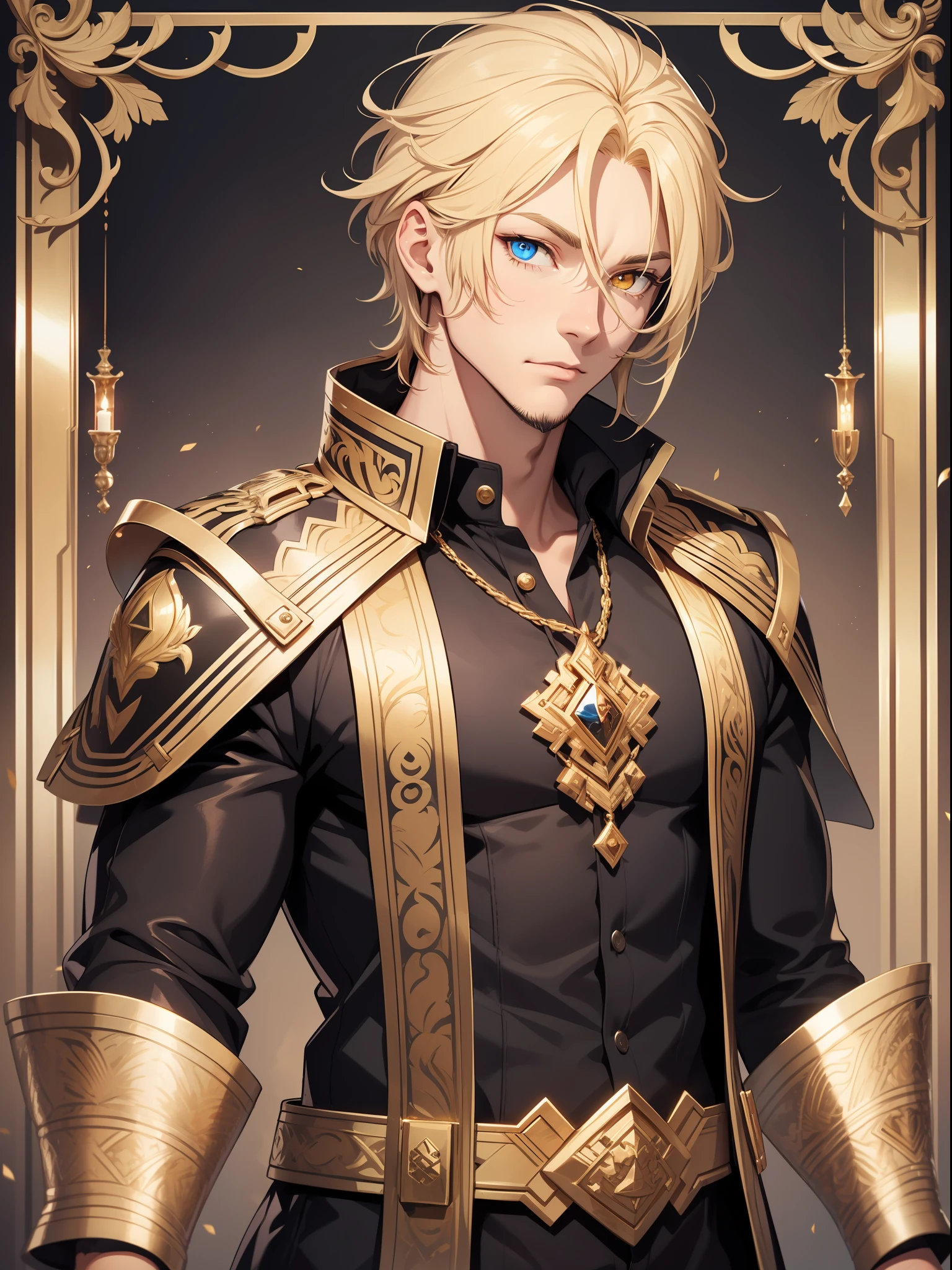 1guy, blonde hair, black hair, heterochromia, black eye, yellow eye, black tunic, gold ornaments, brawny, mature man,