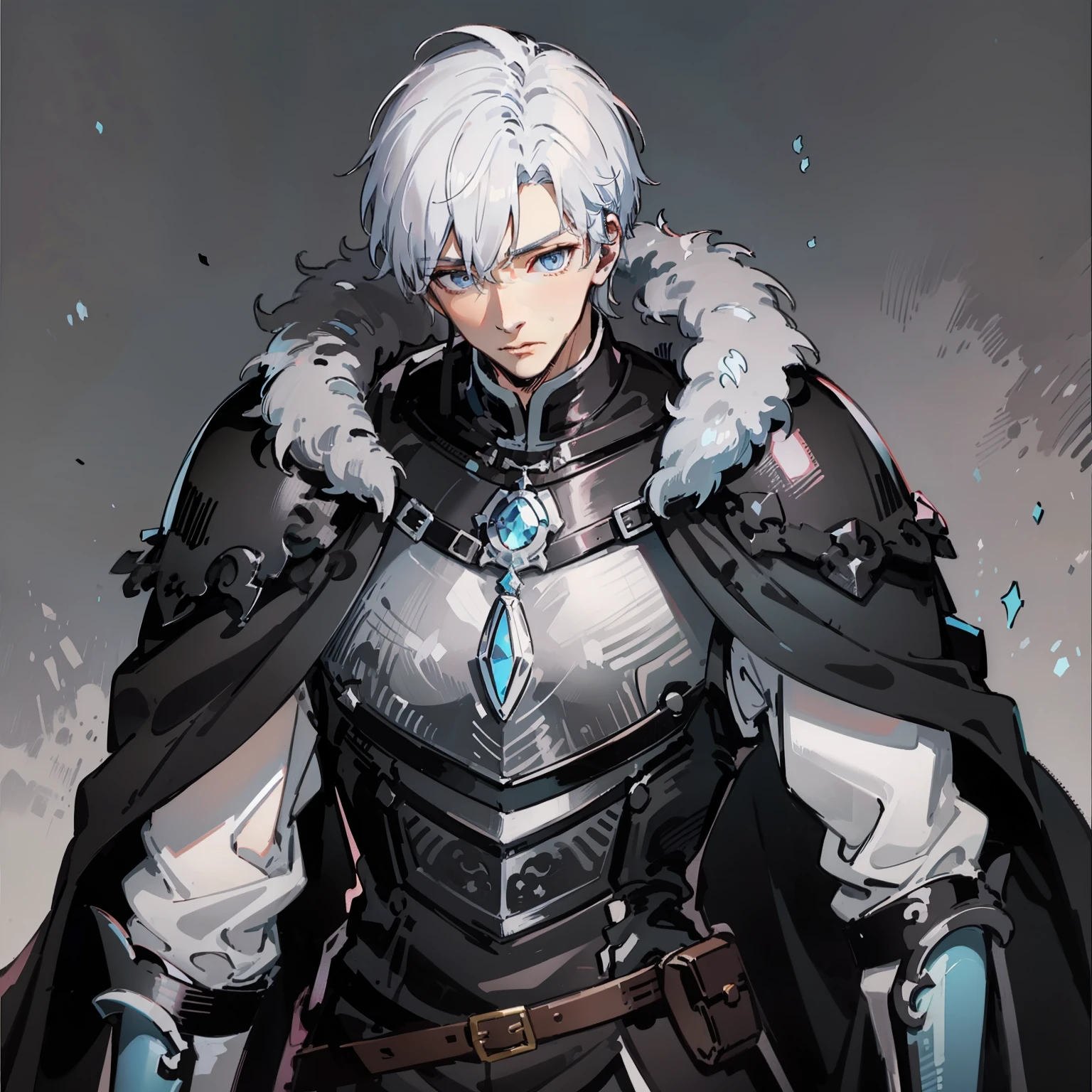 A tall older korean man with short white hair and blue eyes, wearing a black cloak with armor