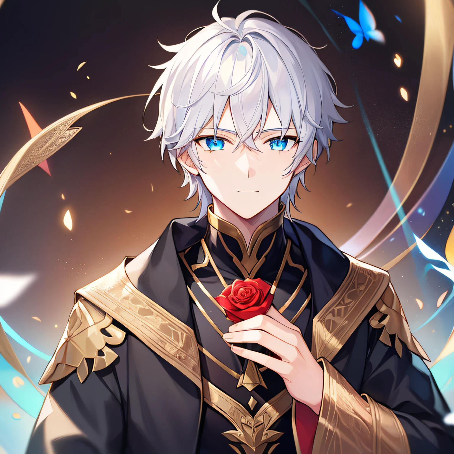 1boy, boy, handsome, black robe, boy, 16 years old, wide black robe, pure white hair, white hair, short hair, azure blue eyes, blue eyes, beauty, beauty, beautiful, gentle, perfect facial features, black robe, gold embroidered geometric figures, simple clothing pattern, floating in the air, blue butterfly, holding red rose, holding red rose, night, light and shadow, atmosphere, magic, mystery, old dominator, correct details, delicate, 8K