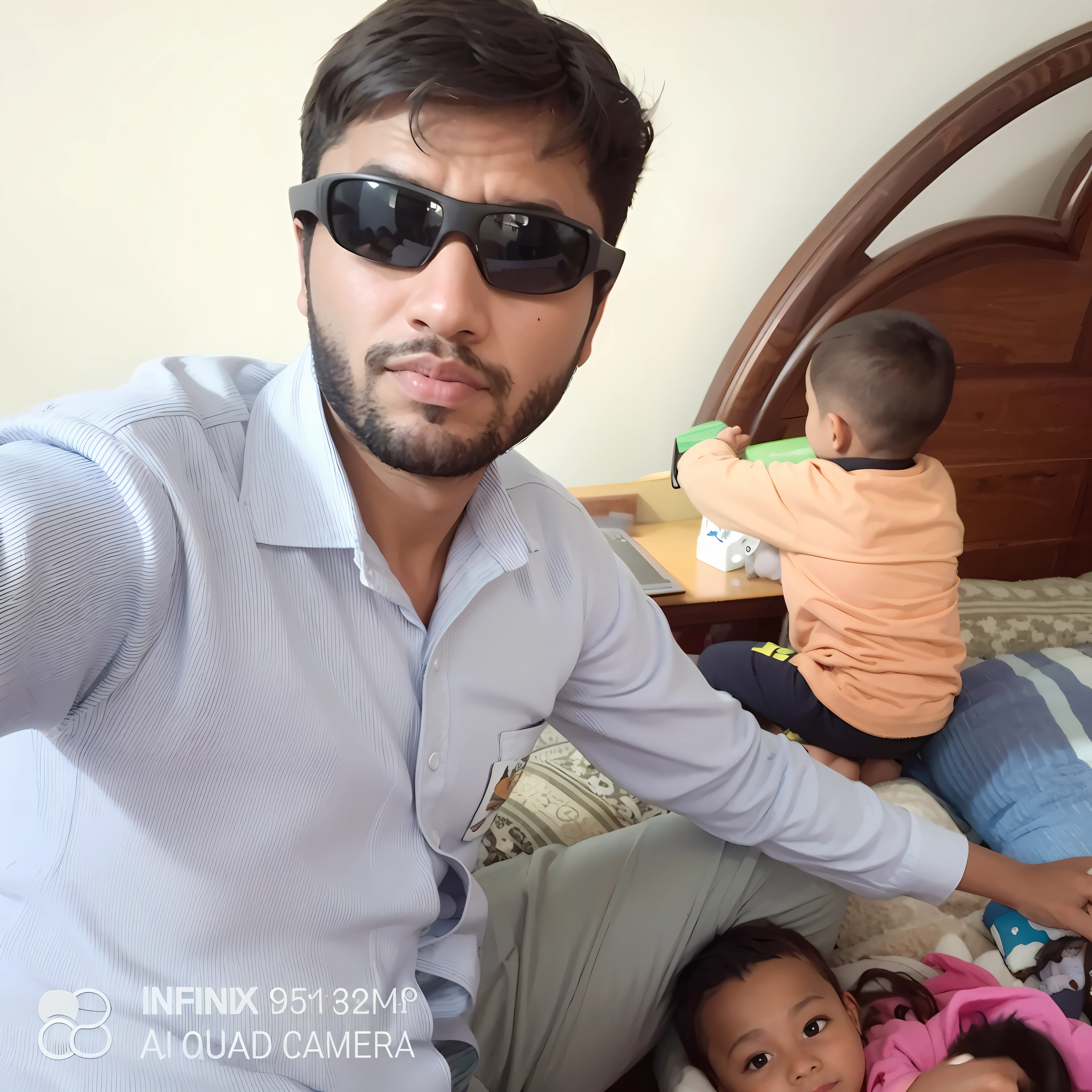 man in sunglasses taking a selfie with two children on a bed, with sunglass, very very high quality picture, very clear picture, with a kid, 4 0 years old man, without helmet, images, very accurate photo, in 3d, selfie photo, shot on nikon z9, very clear image, father, in one frame, innocent look, fps view 8k