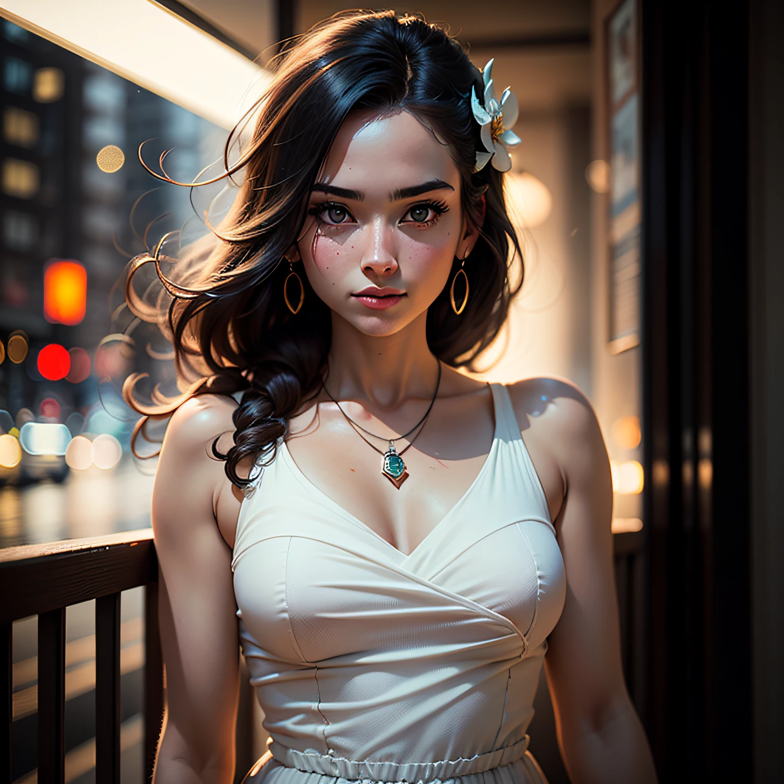 best quality, masterpiece, high resolution, 1girl,porcelain dress,hair ornament,necklace,jewelry,beautiful face,on top of body,tyndall effect,photorealistic,dark studio,rim lighting,two-tone lighting,(highly detailed skin:1.2),8k uhd, dslr, soft lighting, high quality, volumetric lighting, sincere, Photography, high resolution, 4k, 8k, Bokeh, --auto