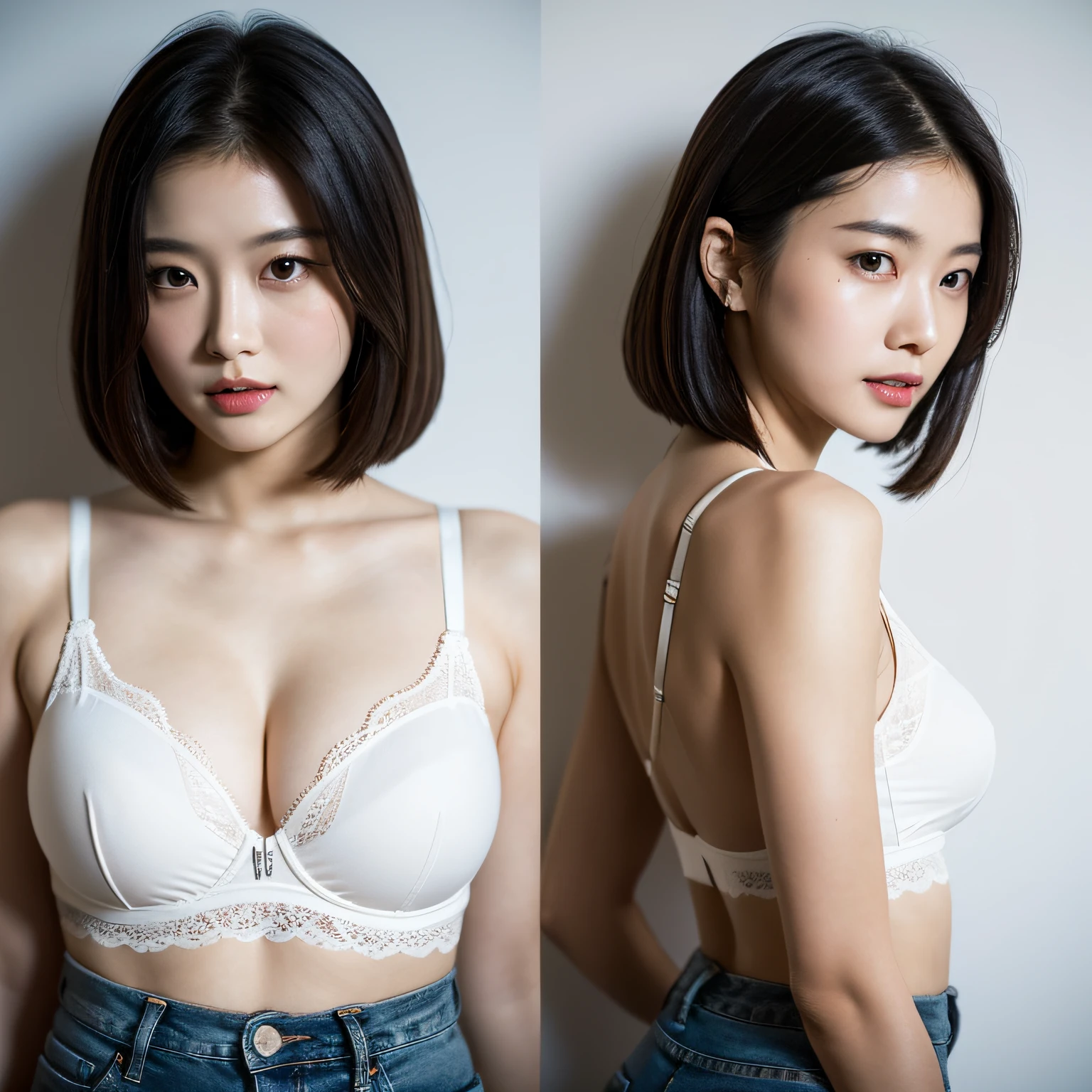 A superb exquisite Chinese real beautiful girl, short black hair, natural straight hair, extremely delicate, straight facial features, peerless beautiful girl, soft, dreamy quality, light white and dark brown, exaggerated facial features, solid color, frank holly, delicate face, bright lips slightly open, slender waist, soft curves, wearing black lace bra, jeans, real light and shadow, super fine, 4k, natural moving, realistic, Ultra high resolution