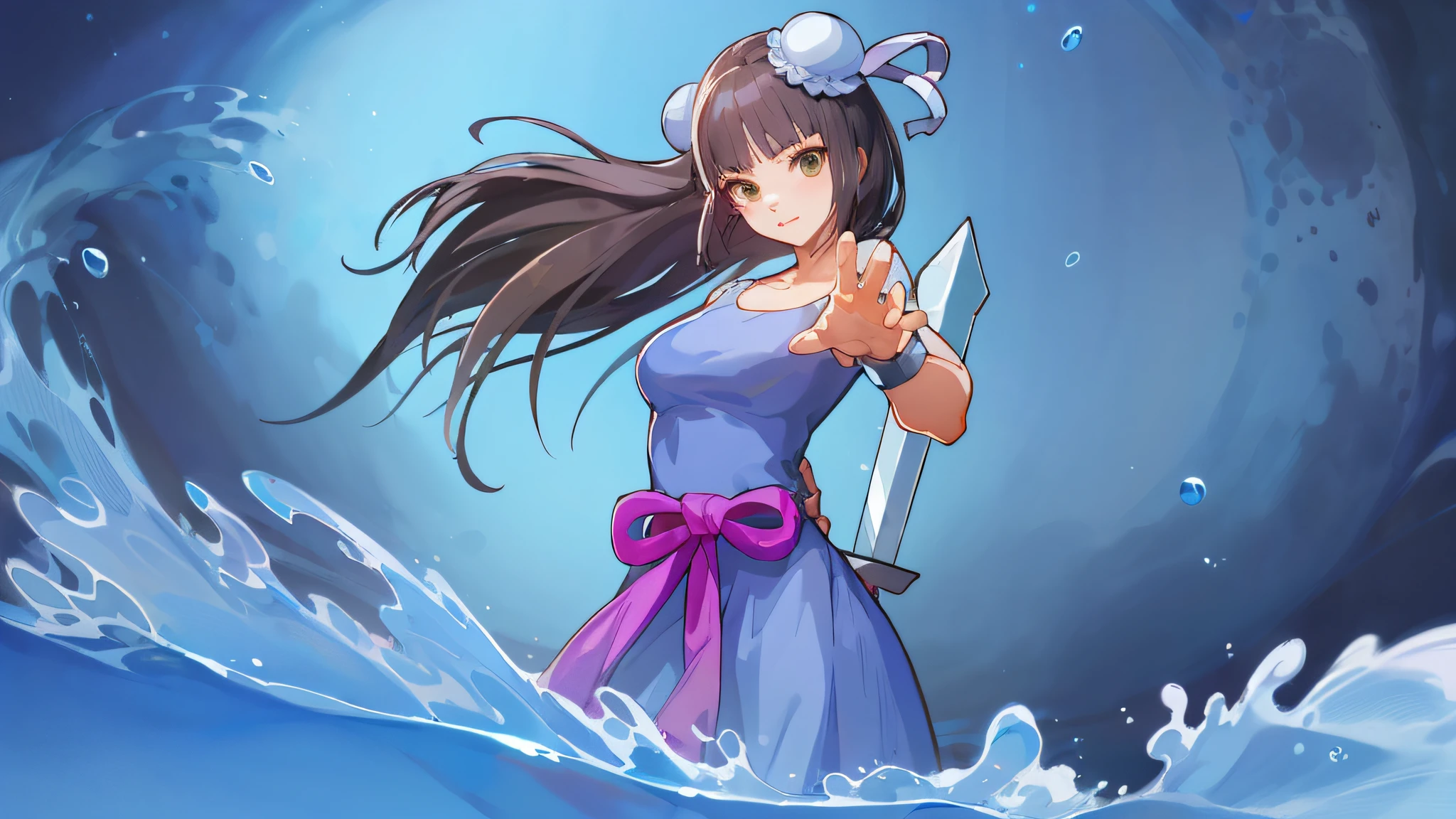 Anime girl in blue dress holding knife in water, waves, water, marin kitagawa fanart, anime girl walking on water, game art!, anime moe art style, Natalie in epic battle fantasy, Haru-ri, Asian female water element, advanced digital anime art", Misaki Juri from Ace Lawyer, Mayafi, inspired by Tsubasa Higashihou Nakai