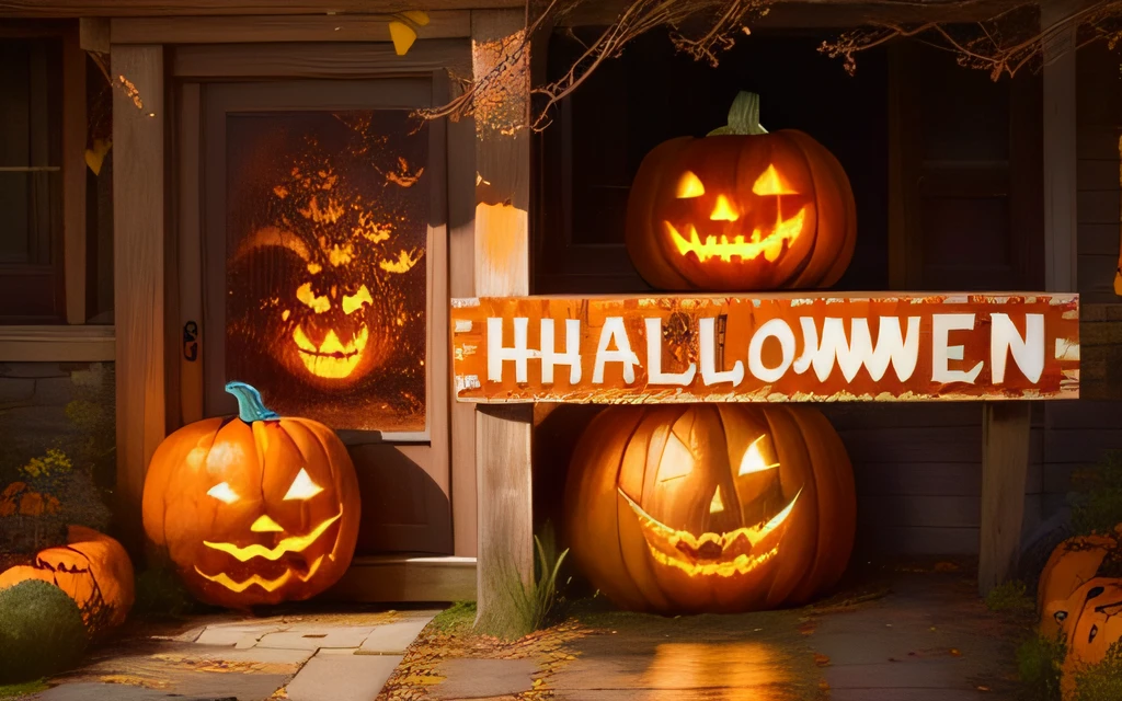 a close up of a sign on a house with pumpkins and ghosts, beistle halloween decor, halloween decorations, wide portrait, accurately portrayed, designed for cozy aesthetics!, close together, pattern, rectangular, with highly detailed, layered, with detailed, fully decorated, one on each side, creepy themed, with lots of details, multiple, with detailed wood, popular