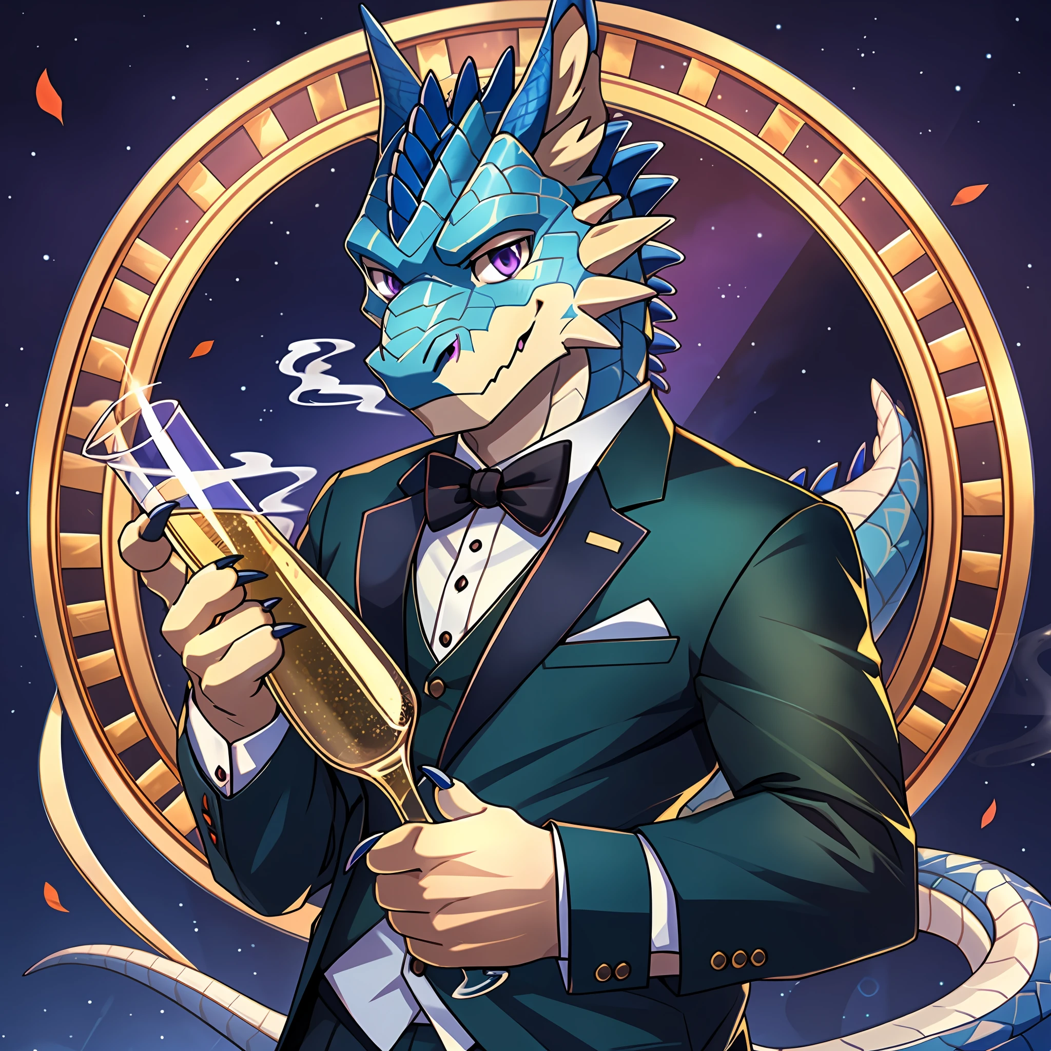 Solo, furry, male western dragon, sapphire blue scales, gray ears, smoky purple eyes, sharp claws, huge tail, wearing a dark green suit, wearing a red bow tie, drinking champagne, detailed background, prom