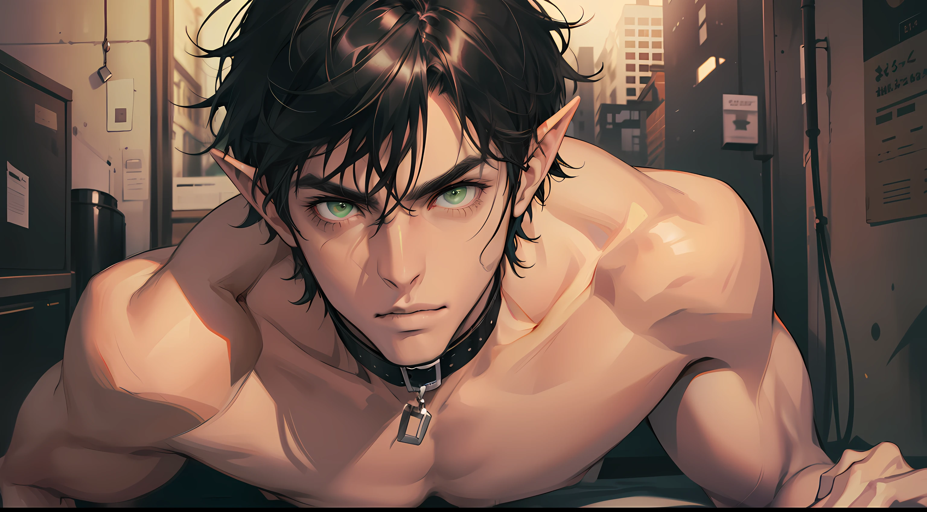 (absurdres, highres, ultra detailed), 1 male, (28 years old male) elf adult, handsome, tall slender guy, narrow eyes, narrow shoulders, finely detailed eyes and detailed face, messy shaggy black hair, side bangs, bangs, green eyes, sexy twink, shirtless, final fantasy 14, slave collar, full body shot, submissive pose expression, defiant pose expression