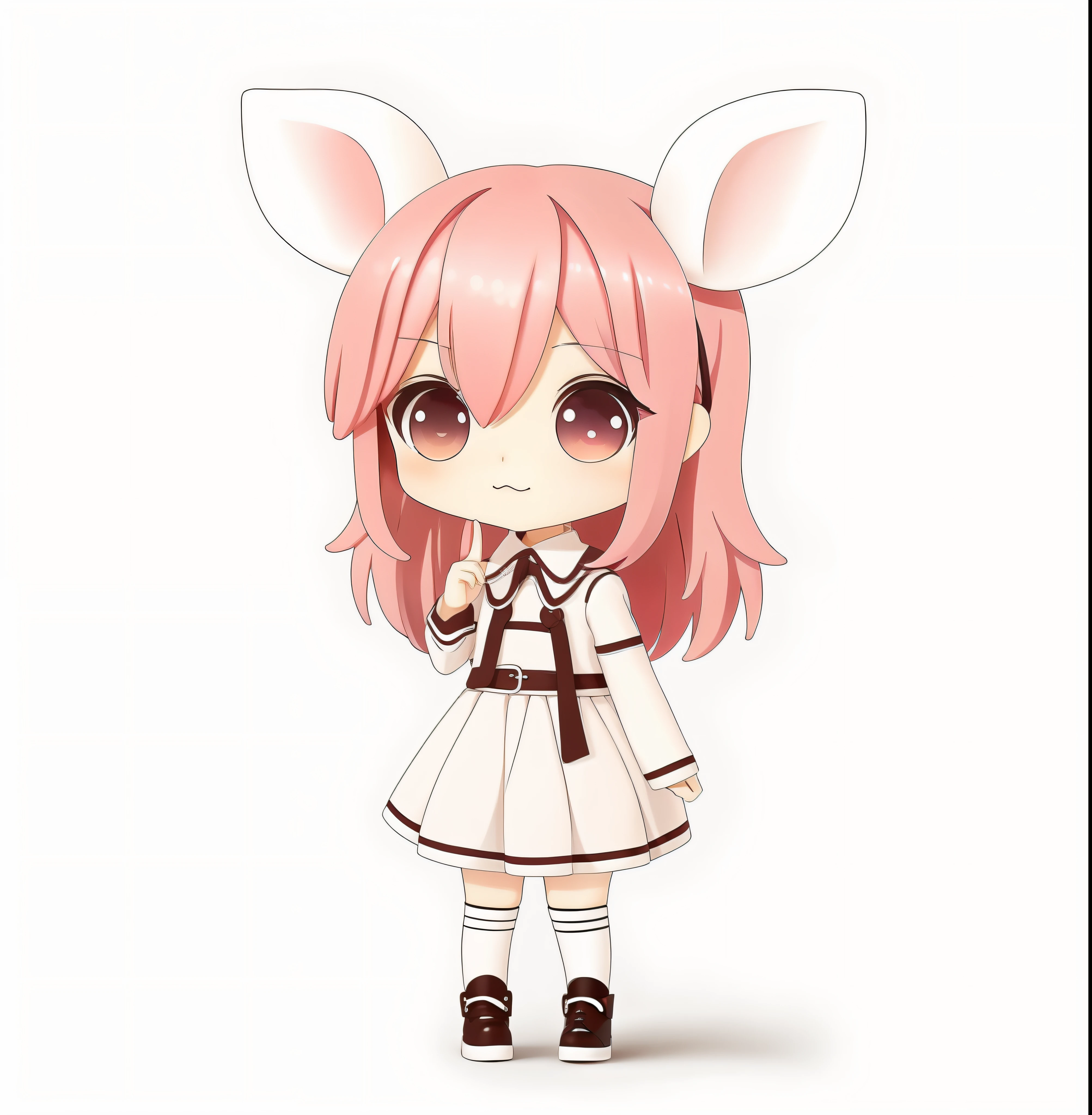 Chibi, full body, white background, high detail, UHQ, pink hair, anime moe art style, chibi, rabbit ears, style for nendoroid, cute character, moe, big rabbit ears, , index finger, anime chibi, kawaii chibi, root height
