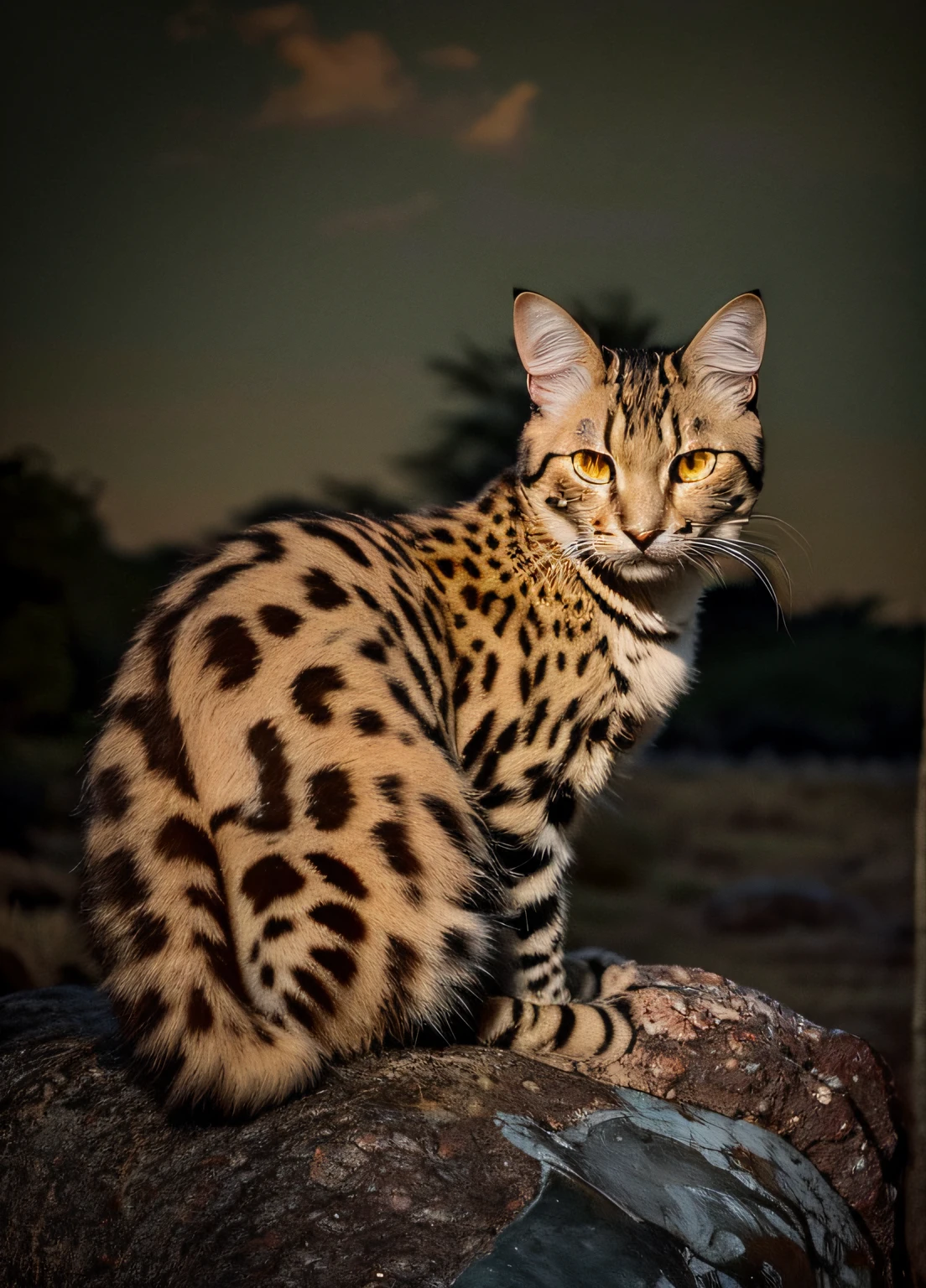 Photography, large wide angle, HD, leopard cat, leopard cat, leopard pattern cat squint, sitting on rock, rock, African savannah in the background, cyan mountains, sky full of sunset, light is golden, portrait shooting, photo taken with Nikon D750, cat photography, no people