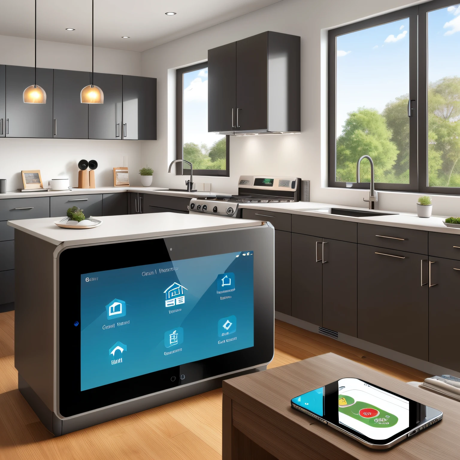 High-resolution photo of a modern smart home, equipped with smart devices from IoT Universal Corp --auto