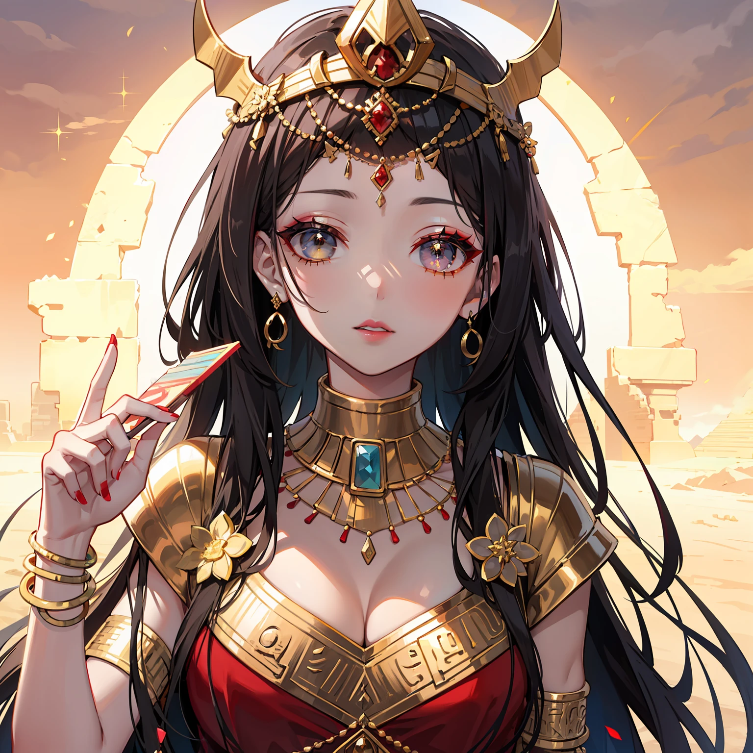 Egyptian beauty, ancient mystery, sculptural face, black shiny eyes, bright lip color, detailed makeup, crane crown on the head, gorgeous headdress, flowing long hair, gold necklace and bracelet, silver handheld fan, unique costume details, gold and crimson embroidery, desert background, golden sunlight, flashy and mysterious, like the existence of ancient Egyptian goddesses.