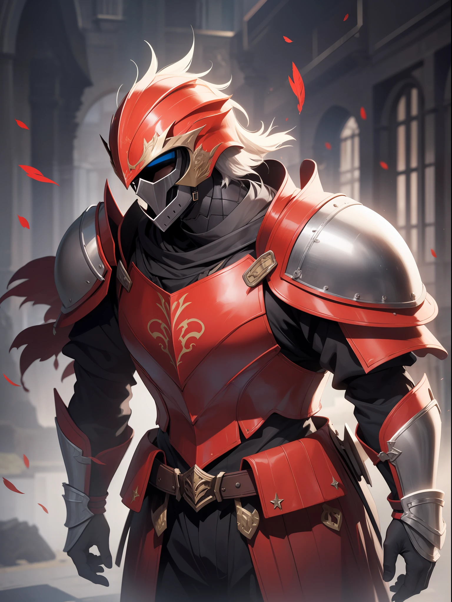 big armor, black armor, red details, helm, red feather in the ear, knight, closed helmet,