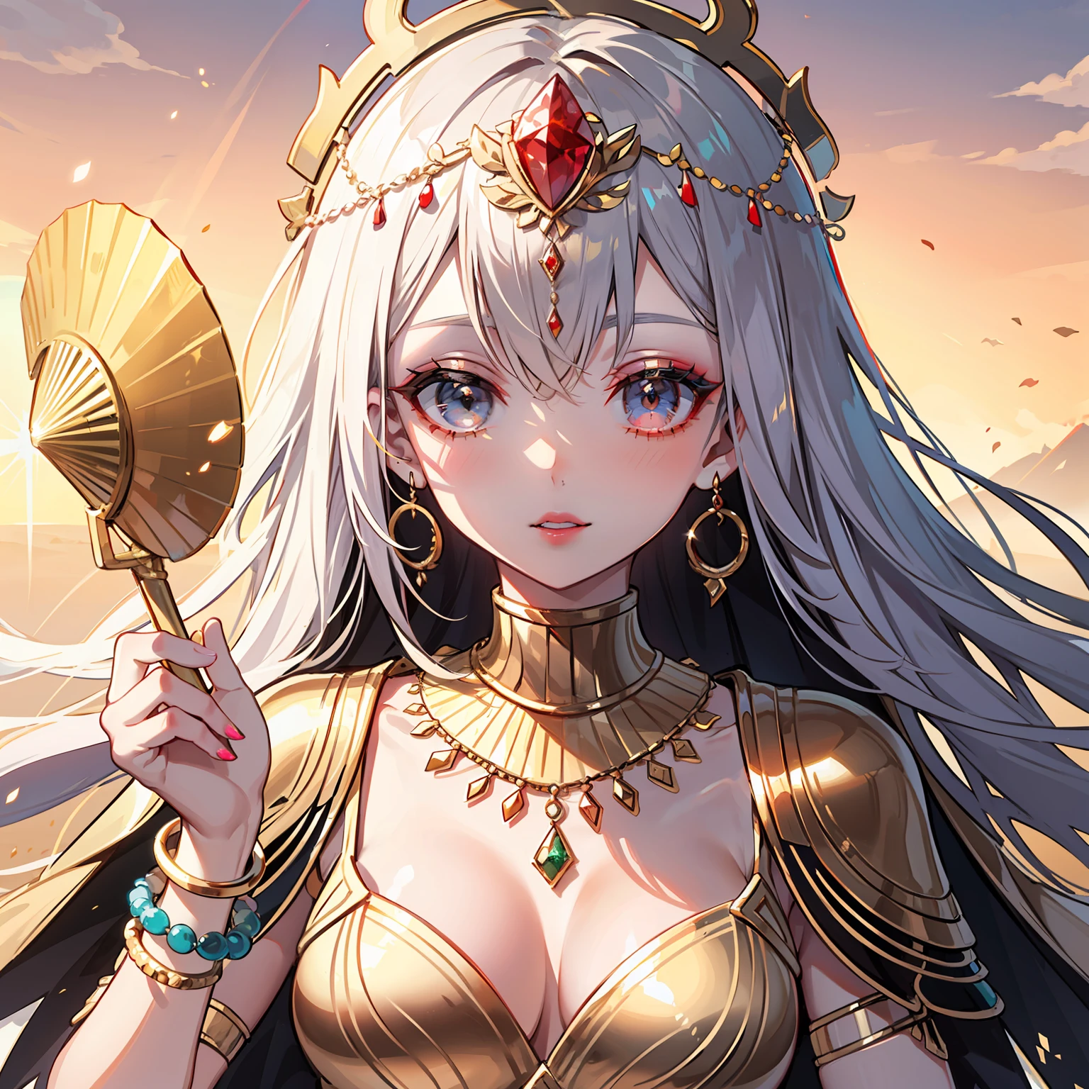 Egyptian beauty, ancient mystery, sculptural face, black shiny eyes, bright lip color, detailed makeup, crane crown on the head, gorgeous headdress, flowing long hair, gold necklace and bracelet, silver handheld fan, unique costume details, gold and crimson embroidery, desert background, golden sunlight, flashy and mysterious, like the existence of ancient Egyptian goddesses.