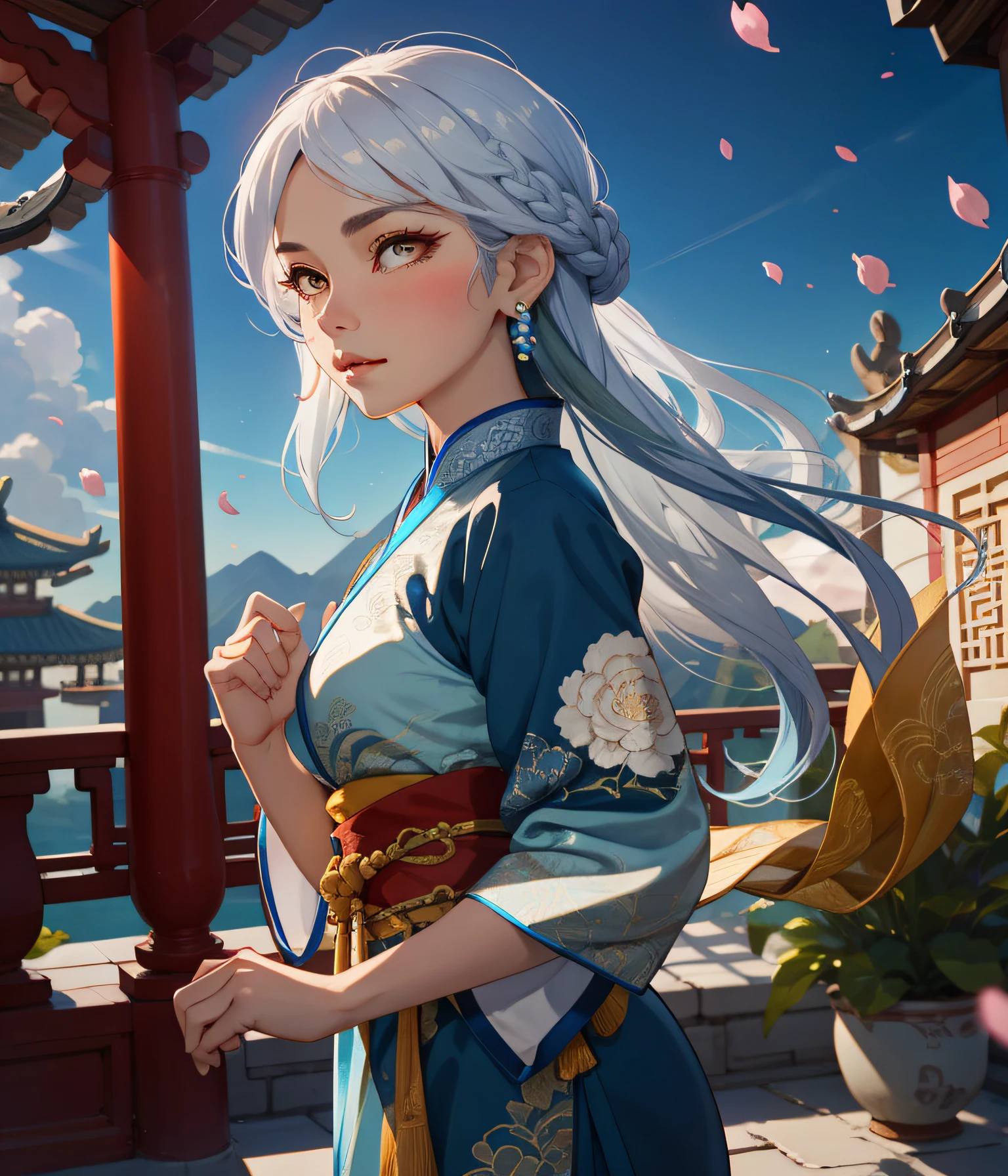 Mature girl , dark orange eyes, blue and white hair color, floating hair, delicate and smart eyes, intricate damask hanfu, gorgeous accessories, wearing pearl earrings, fov, f/1.8, masterpiece, ancient Chinese architecture, blue sky, flower petals flying, front portrait shot, Chang'e, side lighting, sunlight on people, 8K